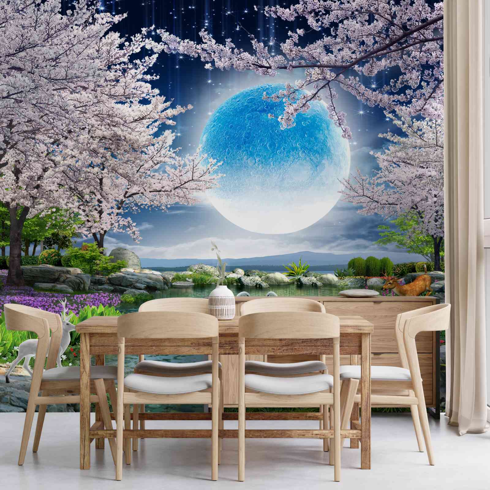 Papier peint lune bleue abstraite sur fond de lac avec fleurs de cerisier