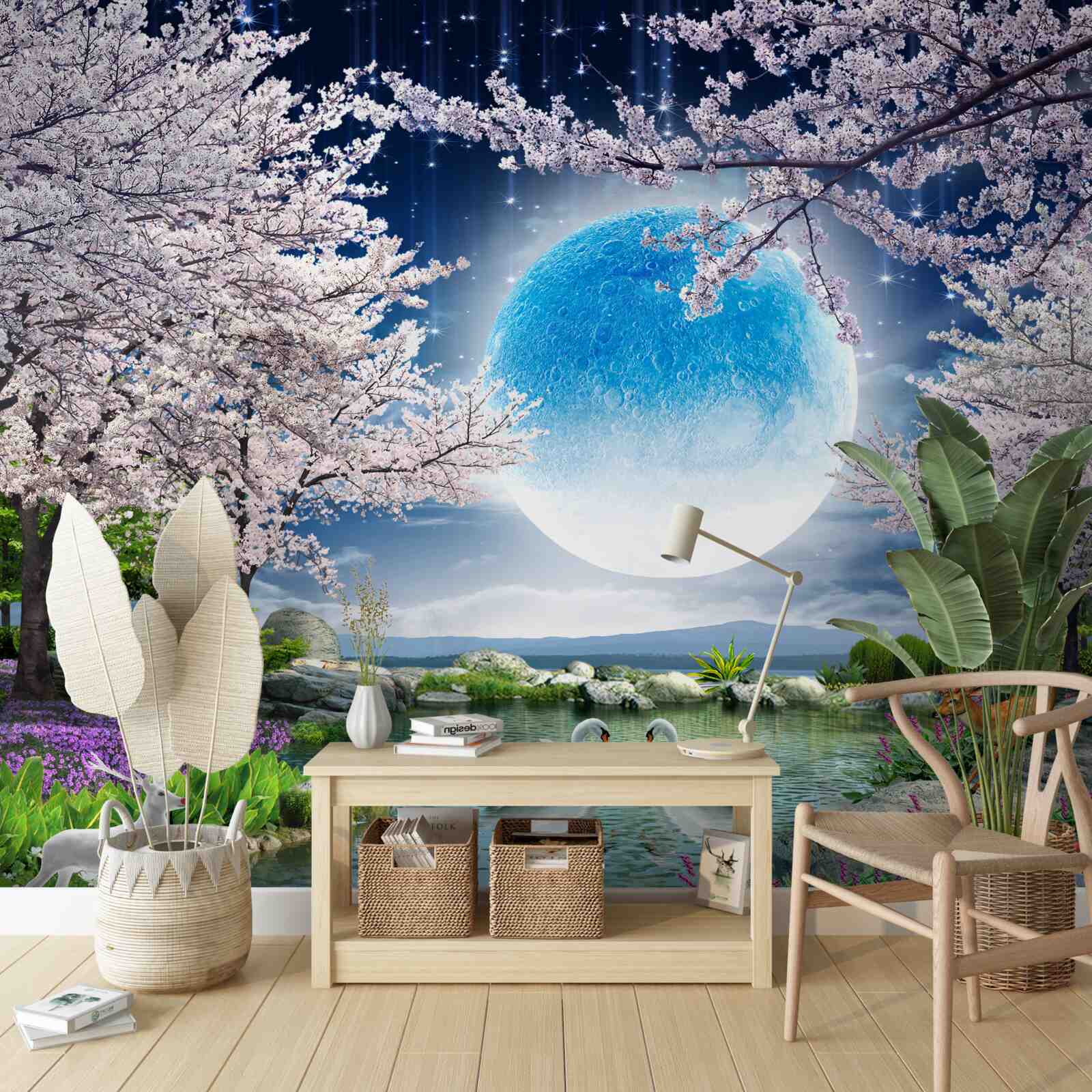 Papier peint lune bleue abstraite sur fond de lac avec fleurs de cerisier