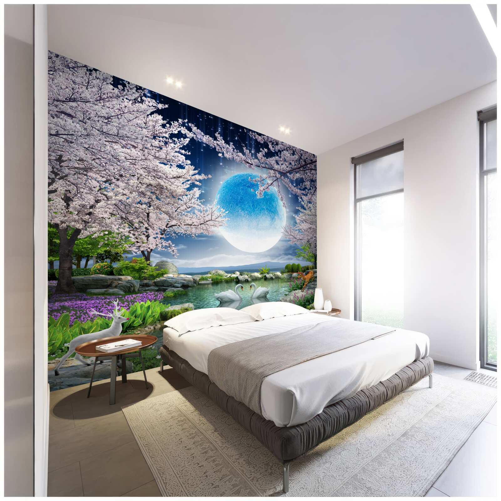 Papier peint lune bleue abstraite sur fond de lac avec fleurs de cerisier