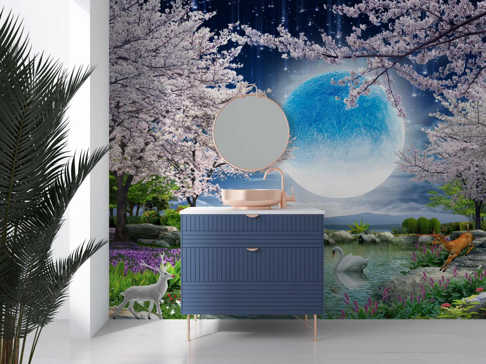 Papier peint lune bleue abstraite sur fond de lac avec fleurs de cerisier