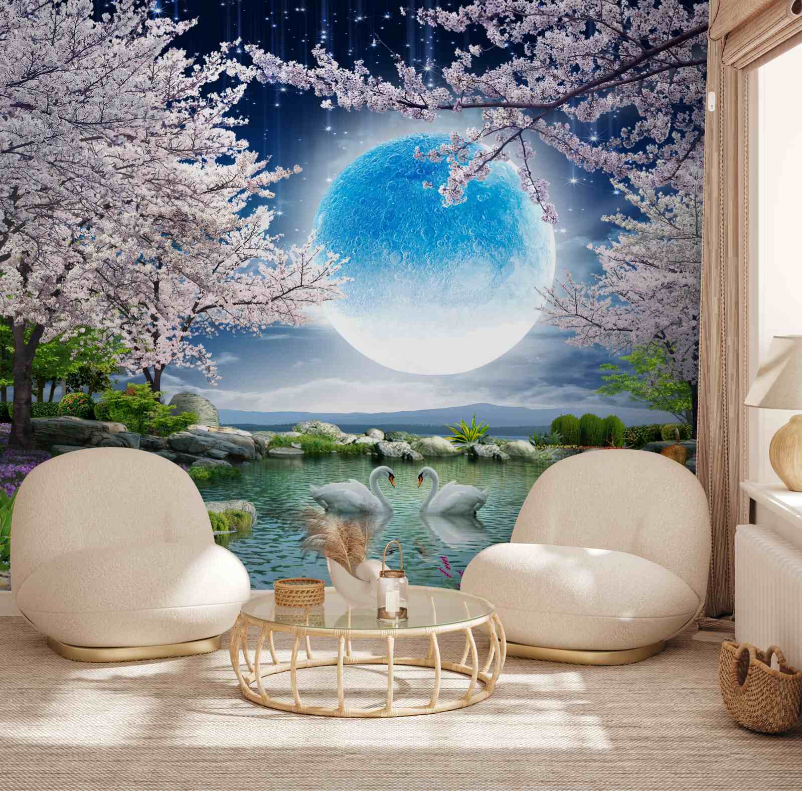 Papier peint lune bleue abstraite sur fond de lac avec fleurs de cerisier