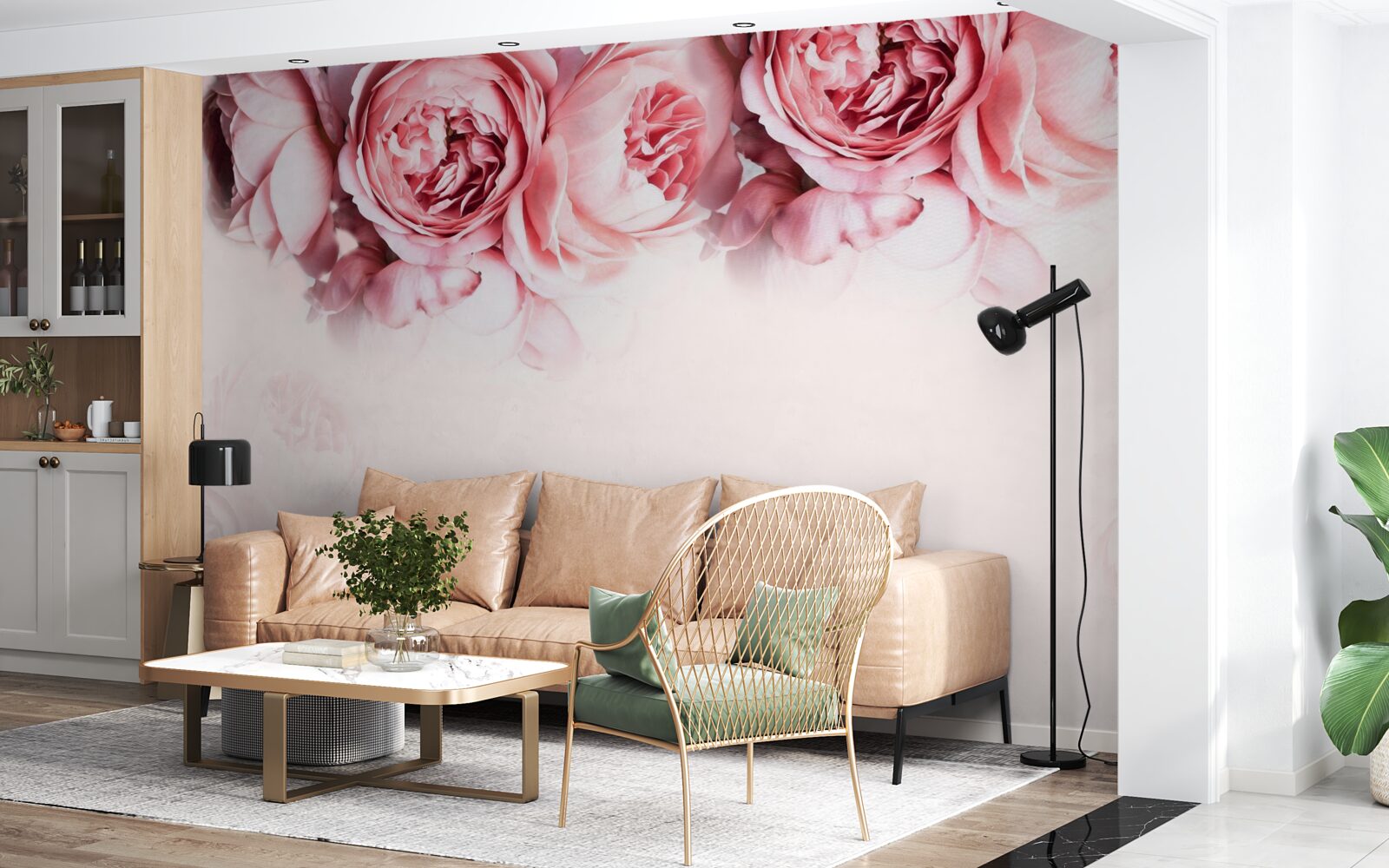 Papier peint pivoines roses et blanches sur fond clair