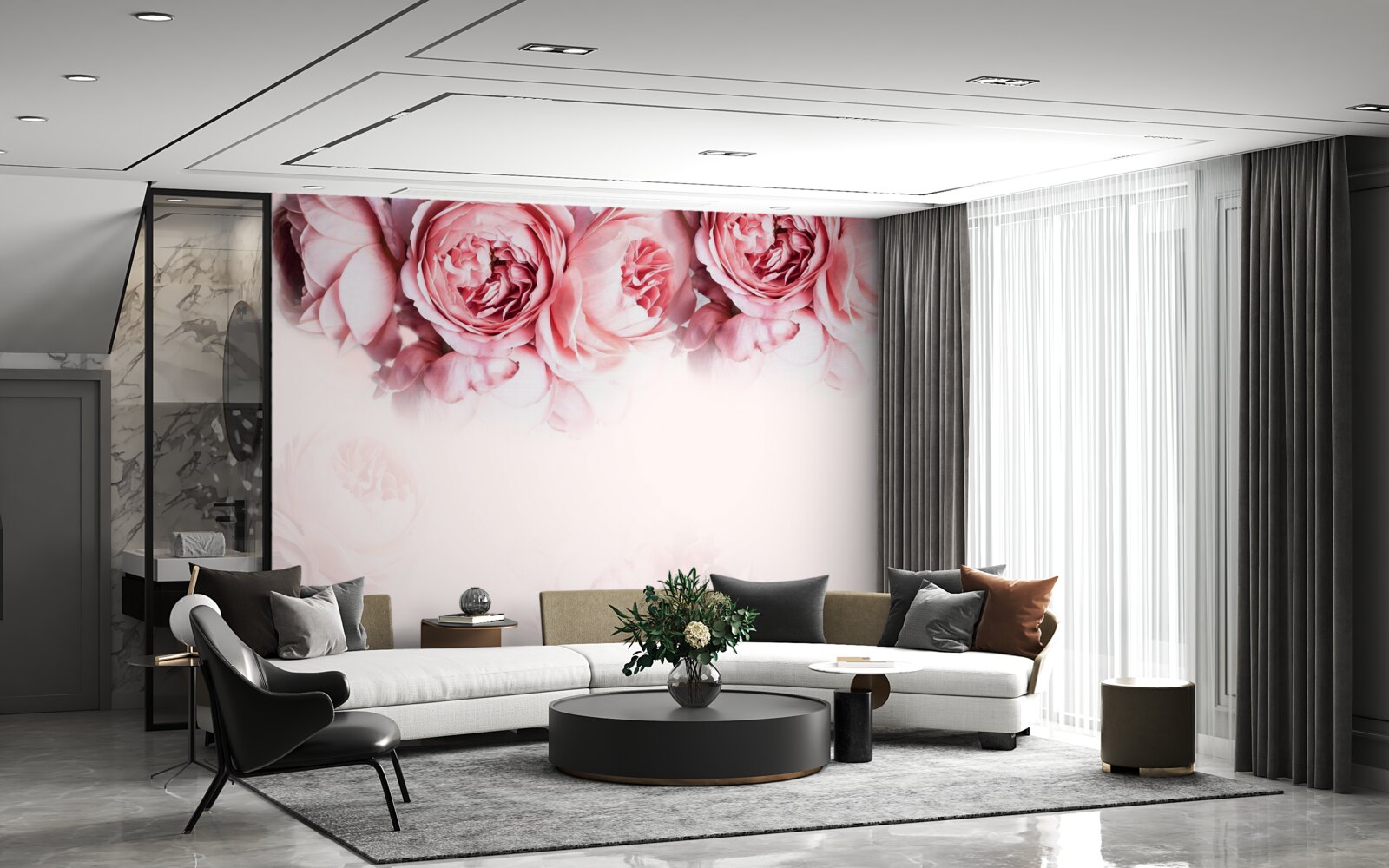 Papier peint pivoines roses et blanches sur fond clair