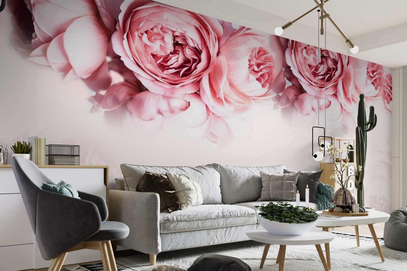 Papier peint pivoines roses et blanches sur fond clair
