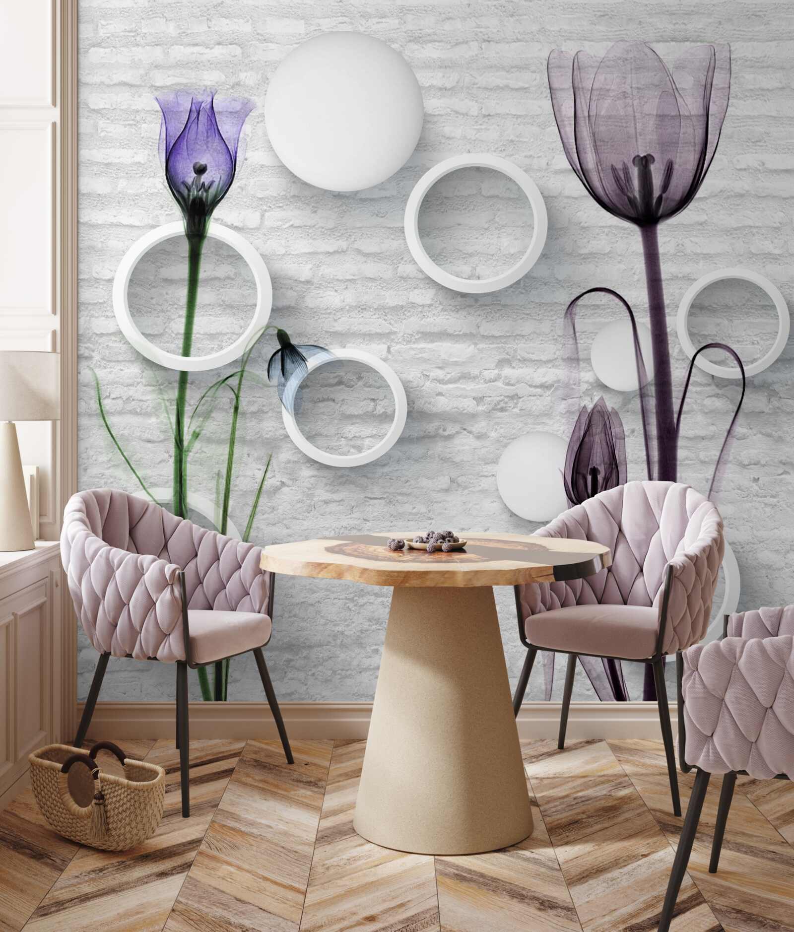 Papier peint des bourgeons raffinés sur les branches et des cercles étroitement torsadés