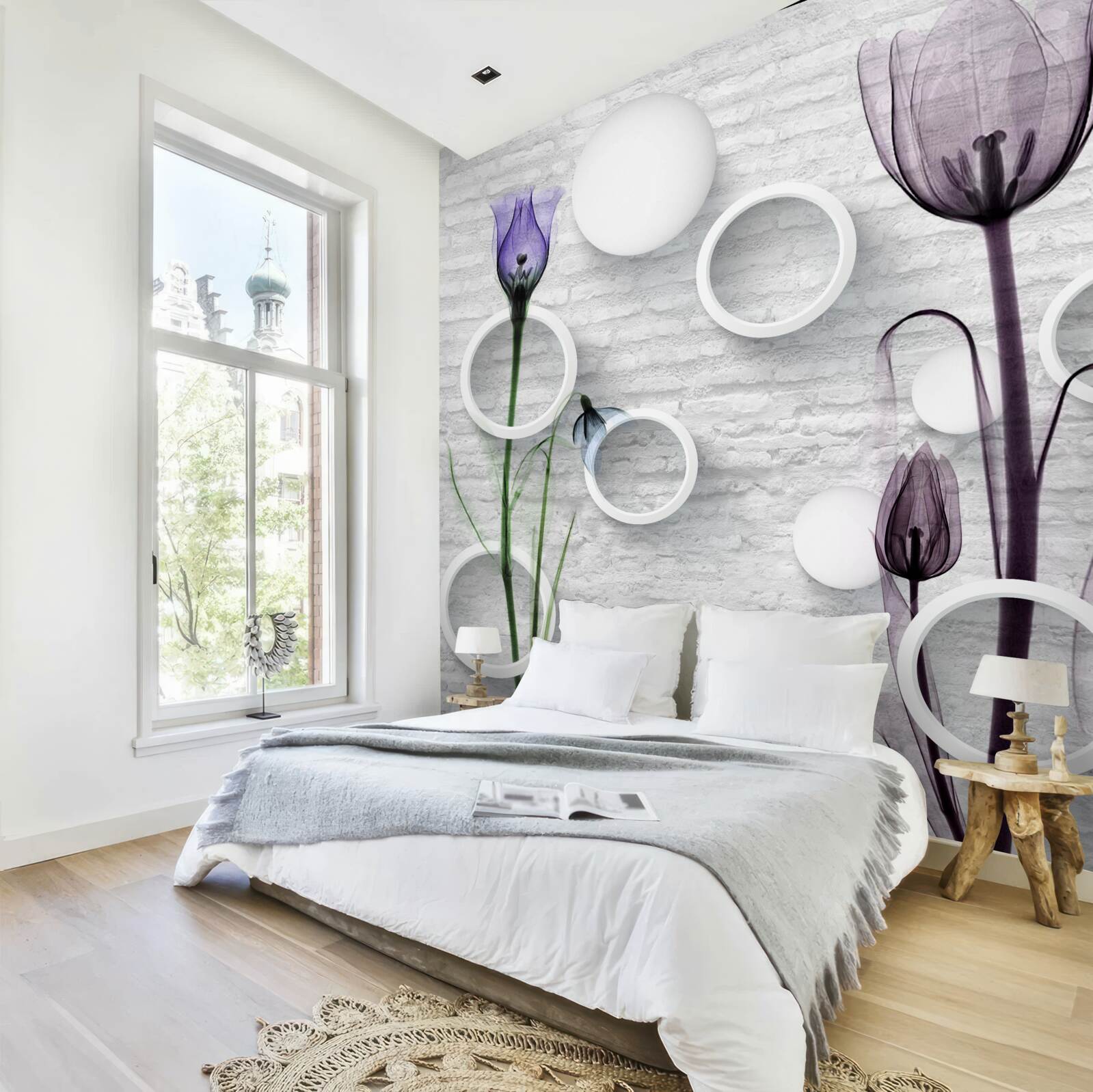 Papier peint des bourgeons raffinés sur les branches et des cercles étroitement torsadés