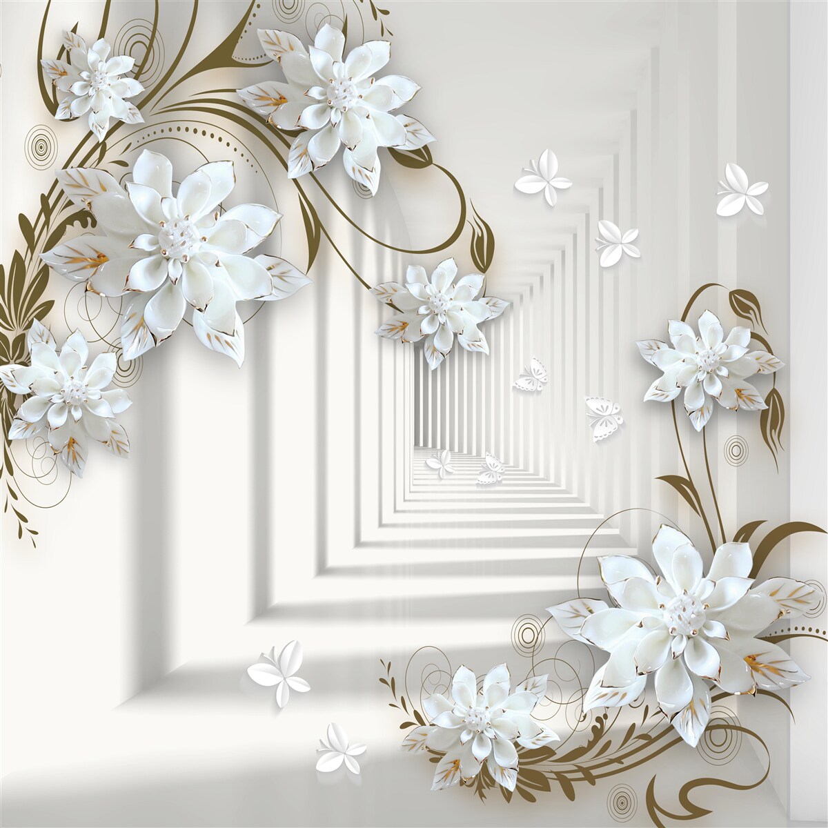 Papier peint fleurs de lotus blanches et tunnel disparaissant au loin