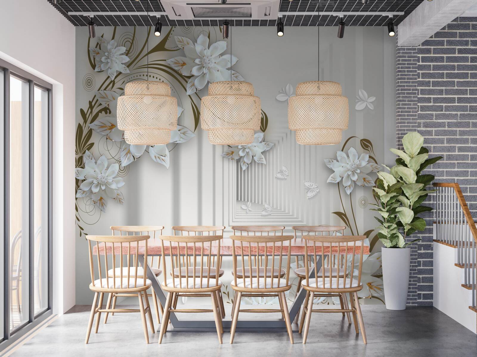 Papier peint fleurs de lotus blanches et tunnel disparaissant au loin