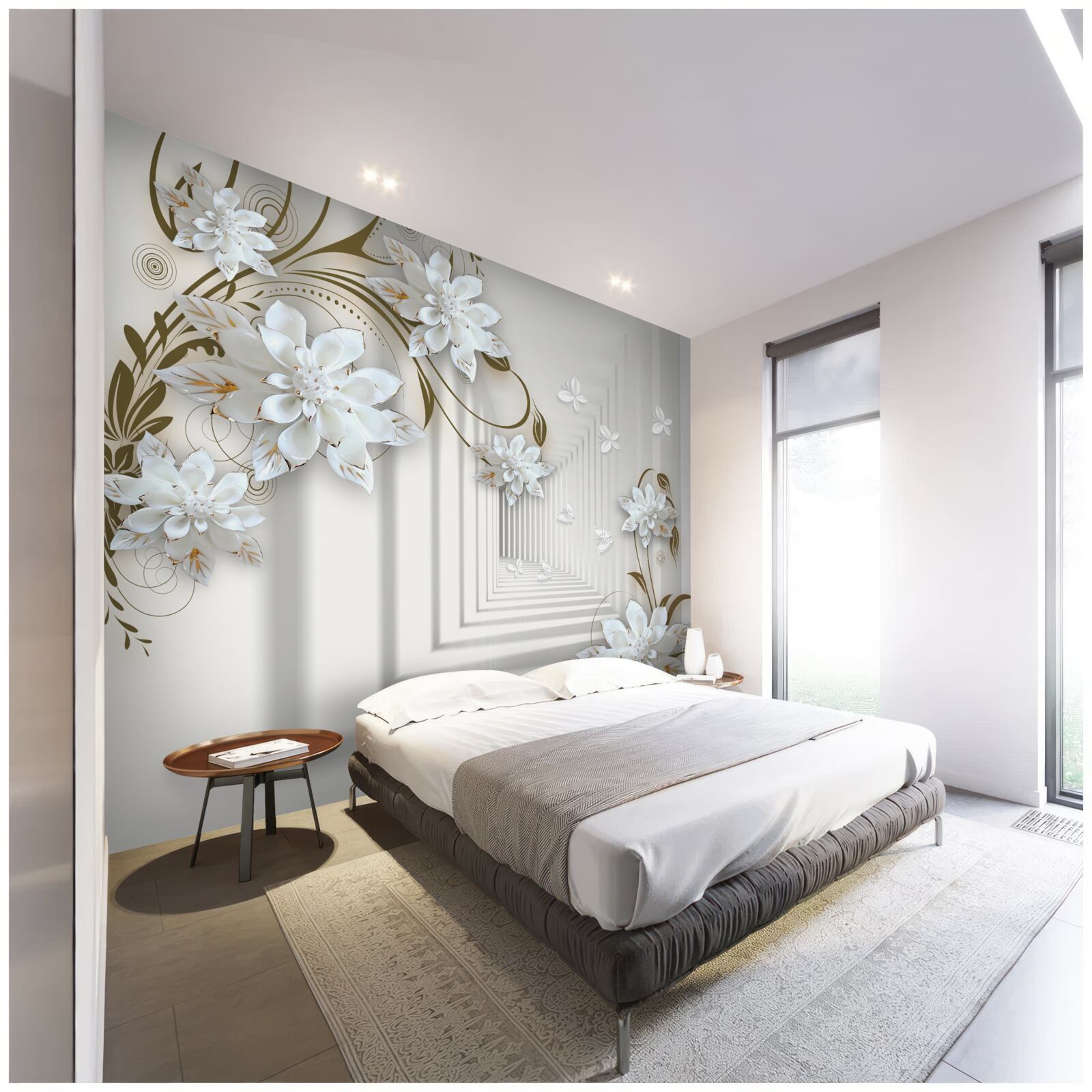 Papier peint fleurs de lotus blanches et tunnel disparaissant au loin