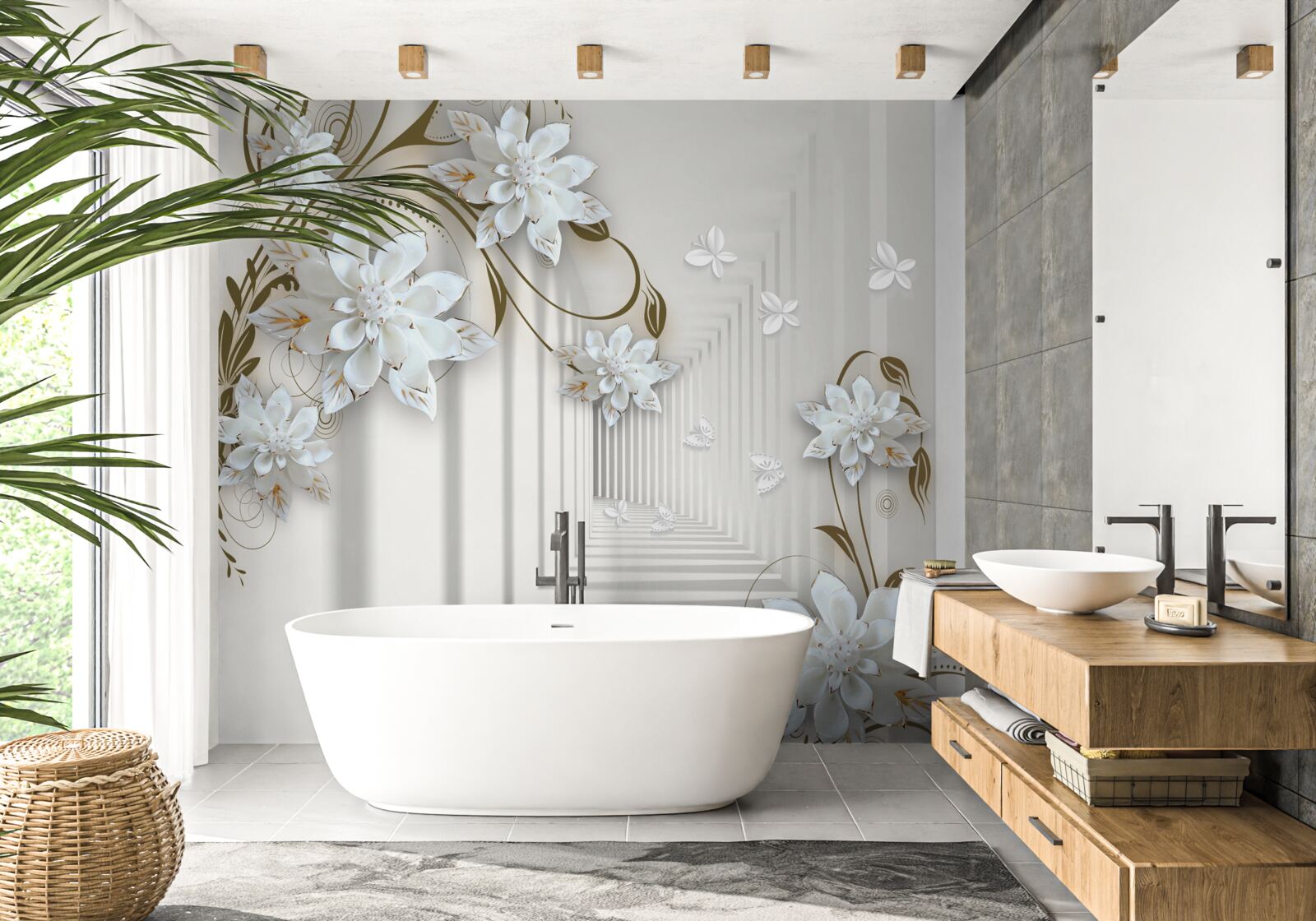 Papier peint fleurs de lotus blanches et tunnel disparaissant au loin