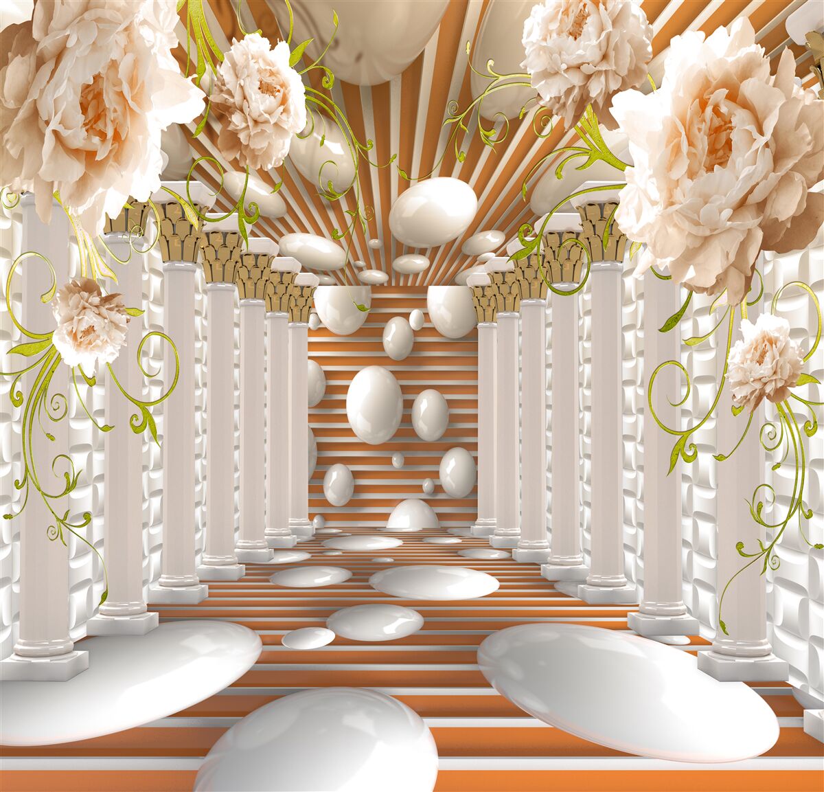 Papier peint des arcs de pierre en forme de fleurs et de personnages forment un tunnel