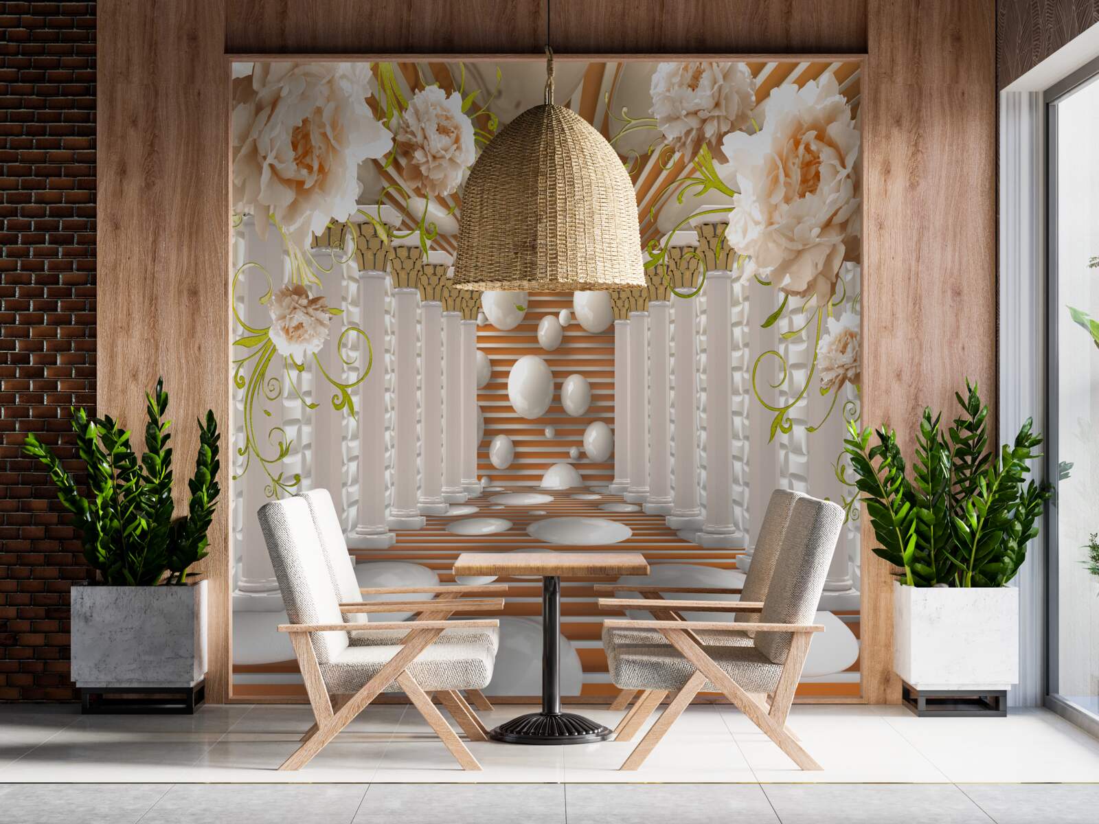 Papier peint des arcs de pierre en forme de fleurs et de personnages forment un tunnel