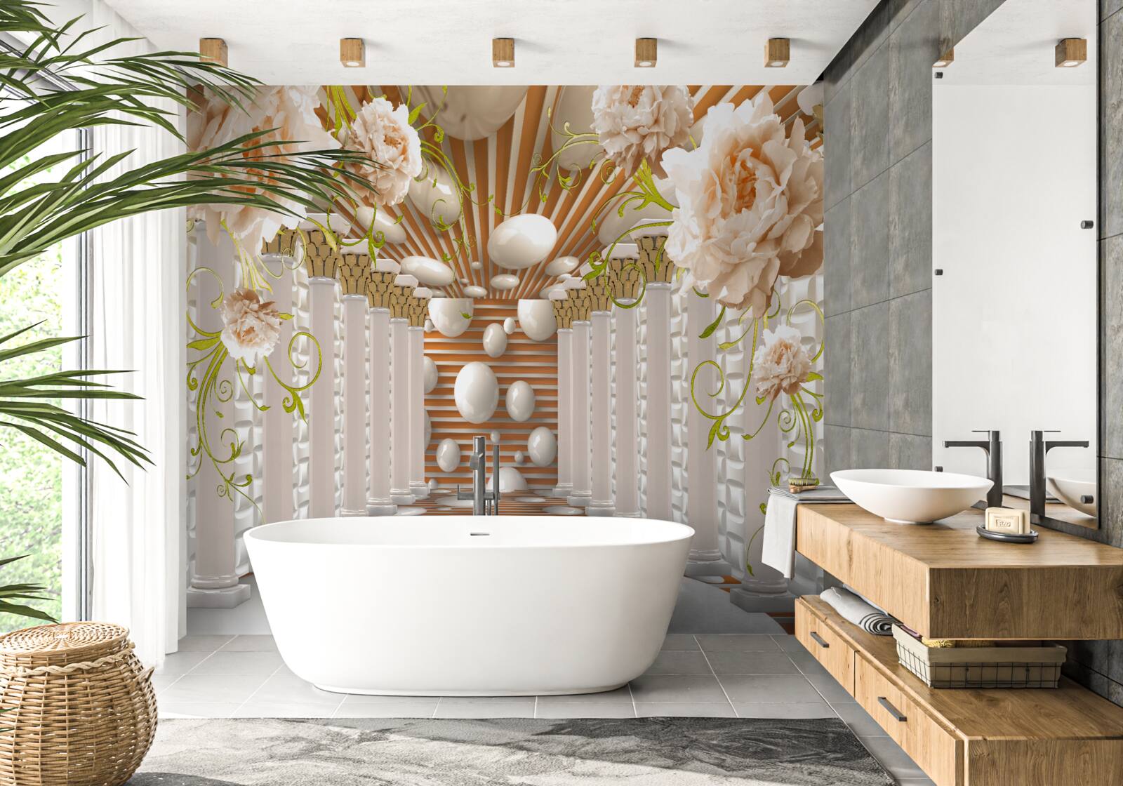 Papier peint des arcs de pierre en forme de fleurs et de personnages forment un tunnel