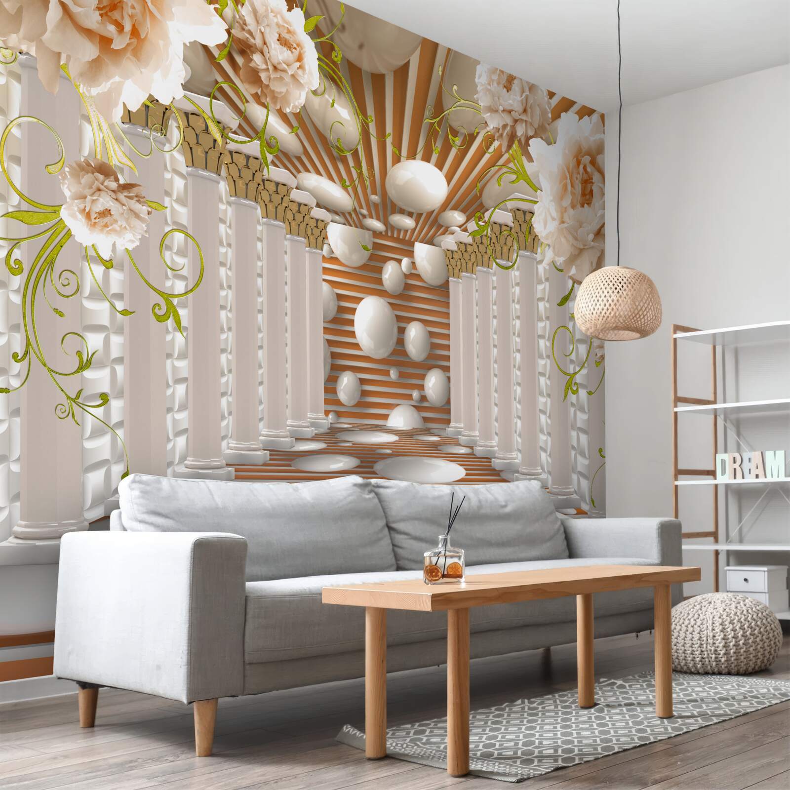 Papier peint des arcs de pierre en forme de fleurs et de personnages forment un tunnel