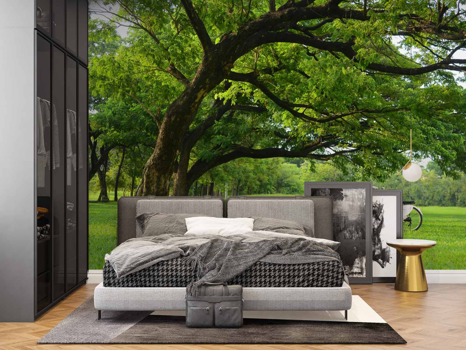 Papier peint prairie avec de l'herbe verte et des arbres centenaires