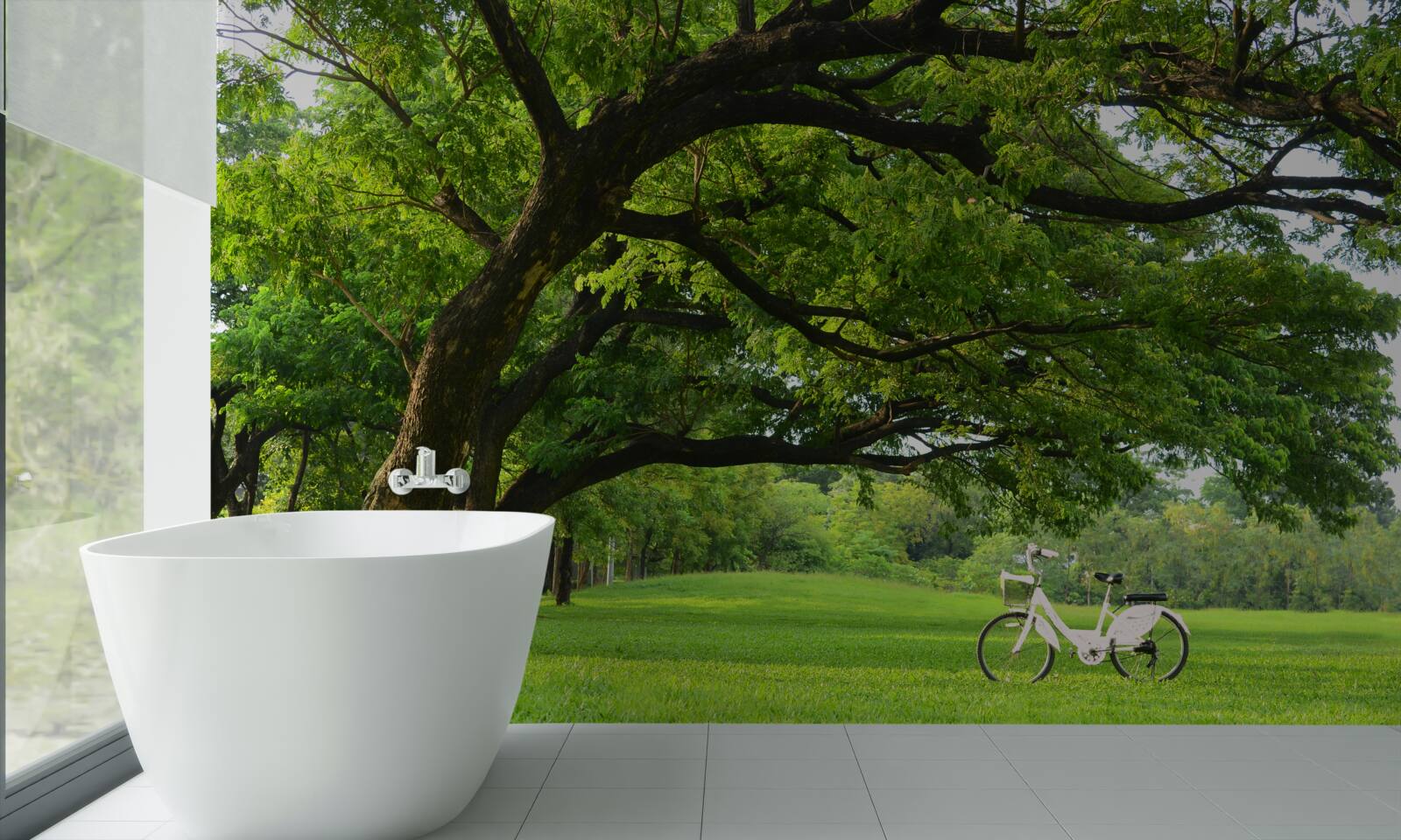 Papier peint prairie avec de l'herbe verte et des arbres centenaires