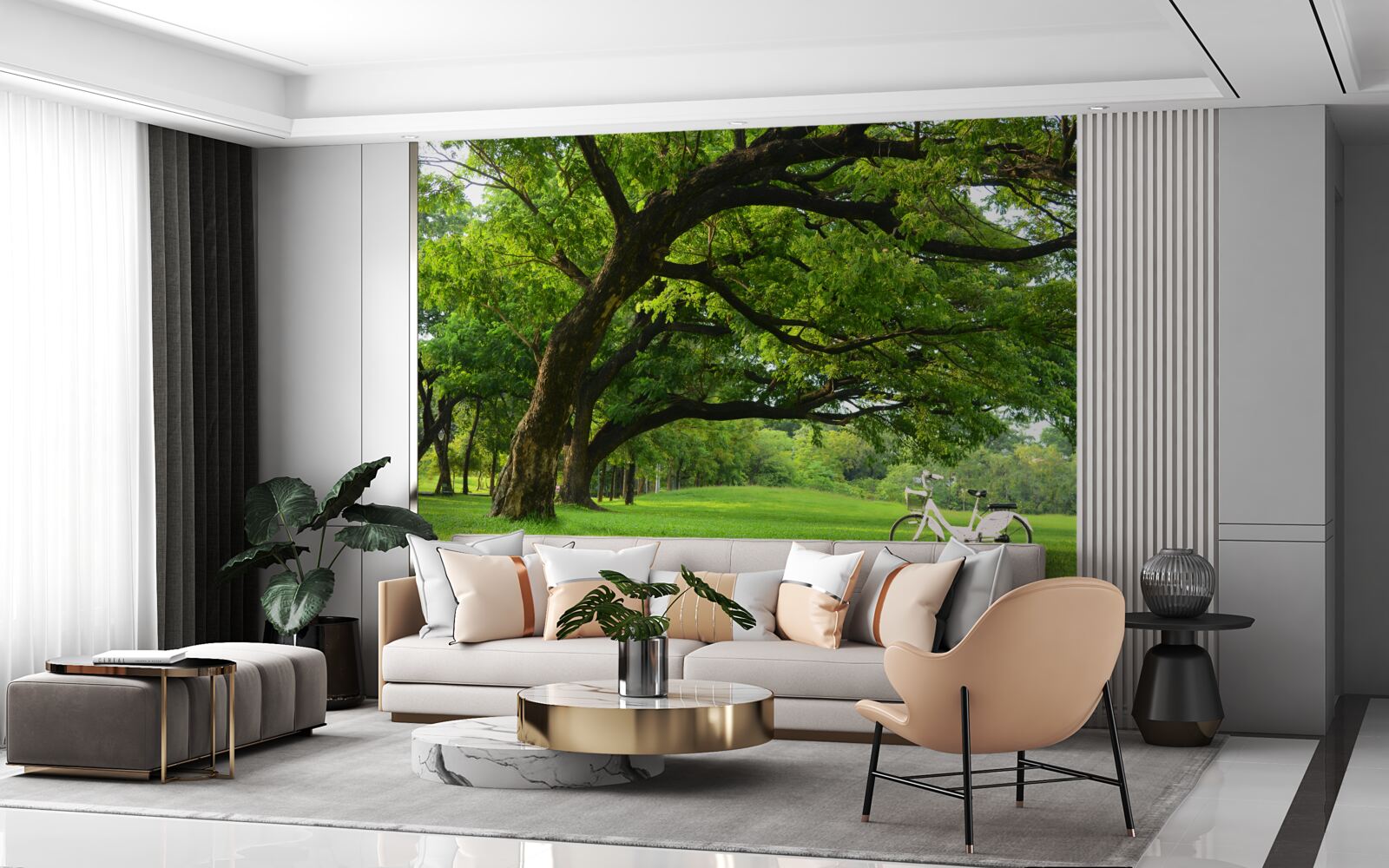 Papier peint prairie avec de l'herbe verte et des arbres centenaires