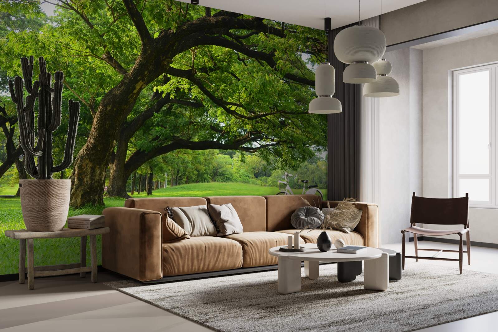 Papier peint prairie avec de l'herbe verte et des arbres centenaires