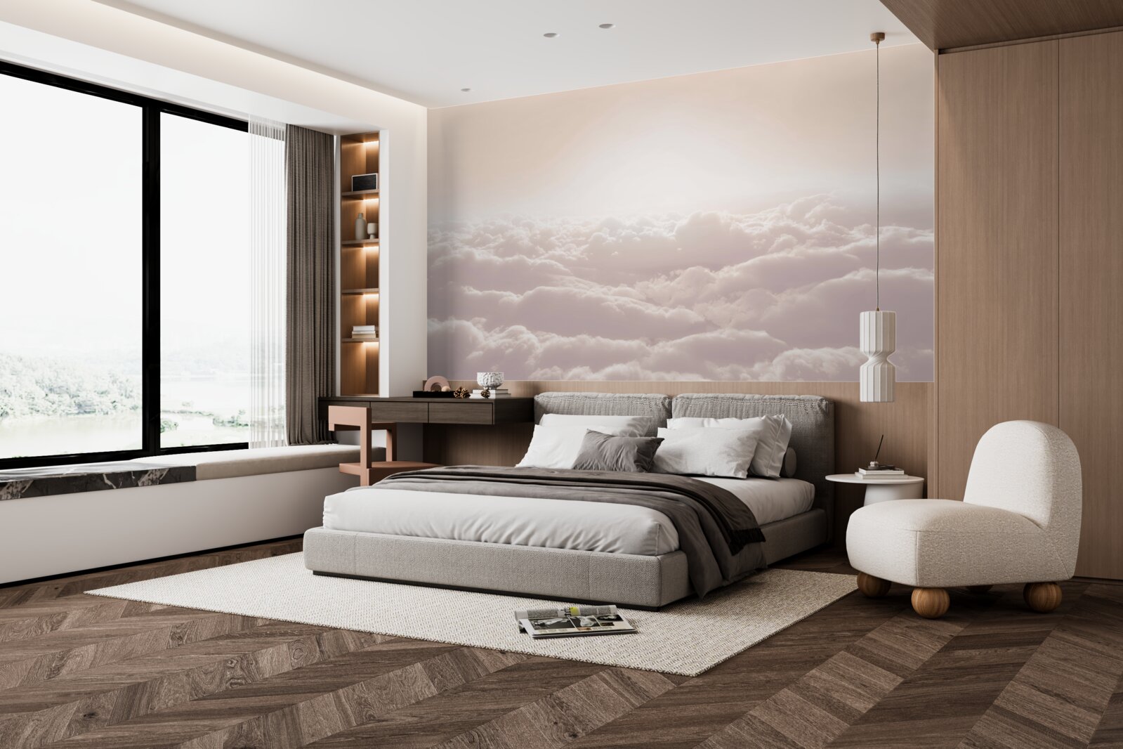 Papier peint nuages cotonneux et soleil