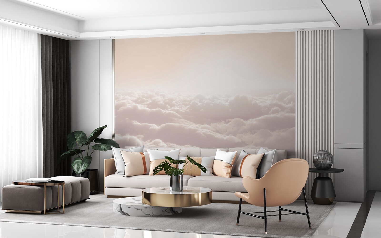 Papier peint nuages cotonneux et soleil