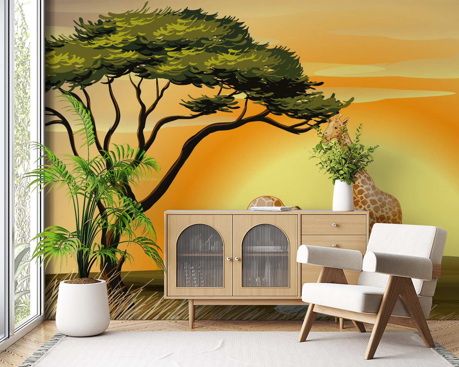 Papier peint girafes sur fond de coucher de soleil dans le désert