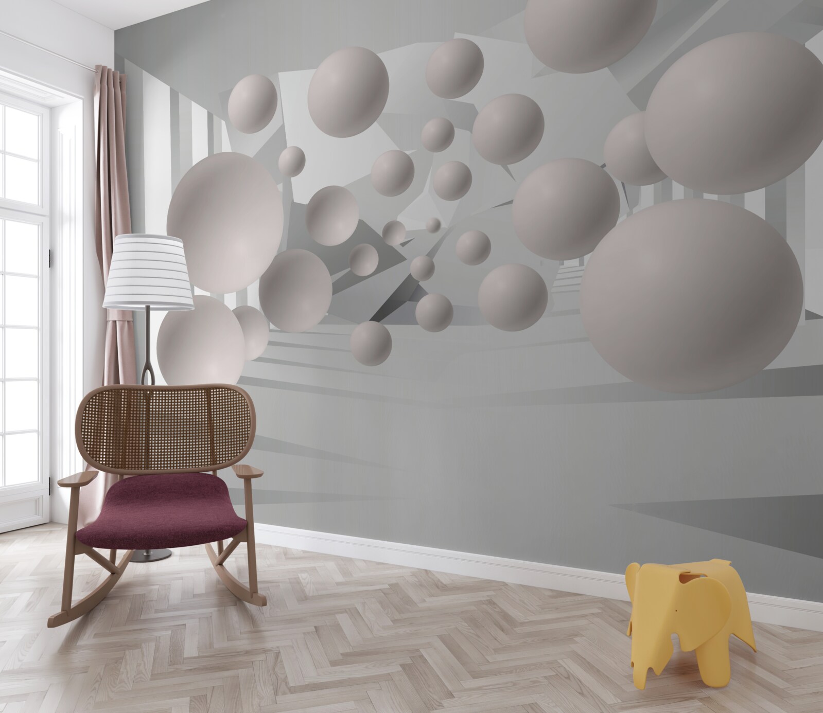 Papier peint boules légères et aérées de couleur crème