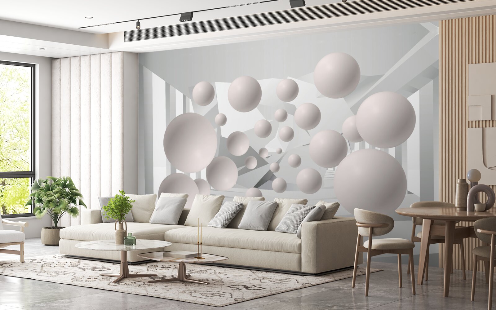 Papier peint boules légères et aérées de couleur crème