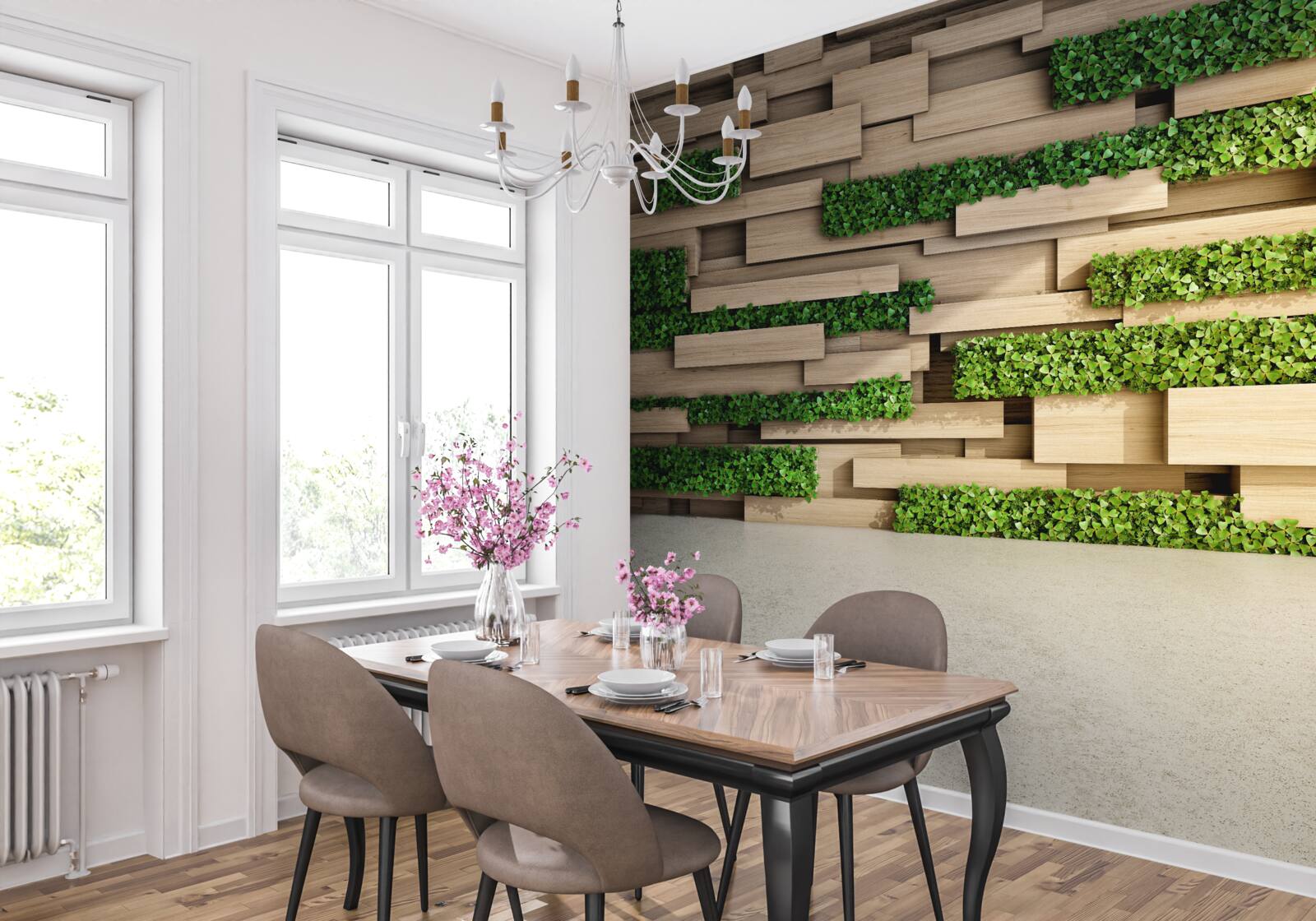 Papier peint mousse verte et mur de pierre