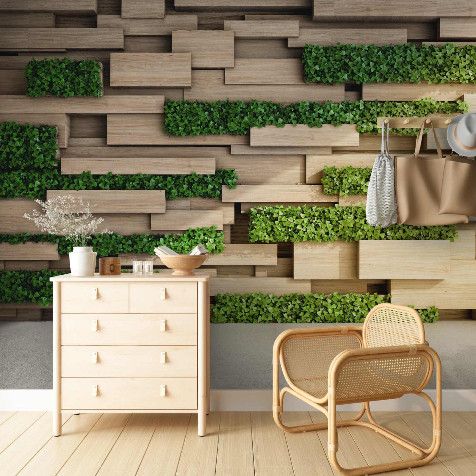 Papier peint mousse verte et mur de pierre