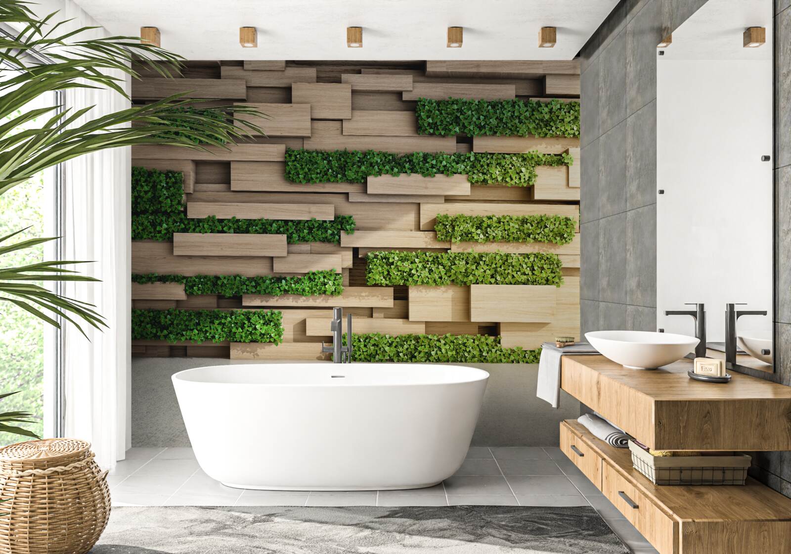 Papier peint mousse verte et mur de pierre