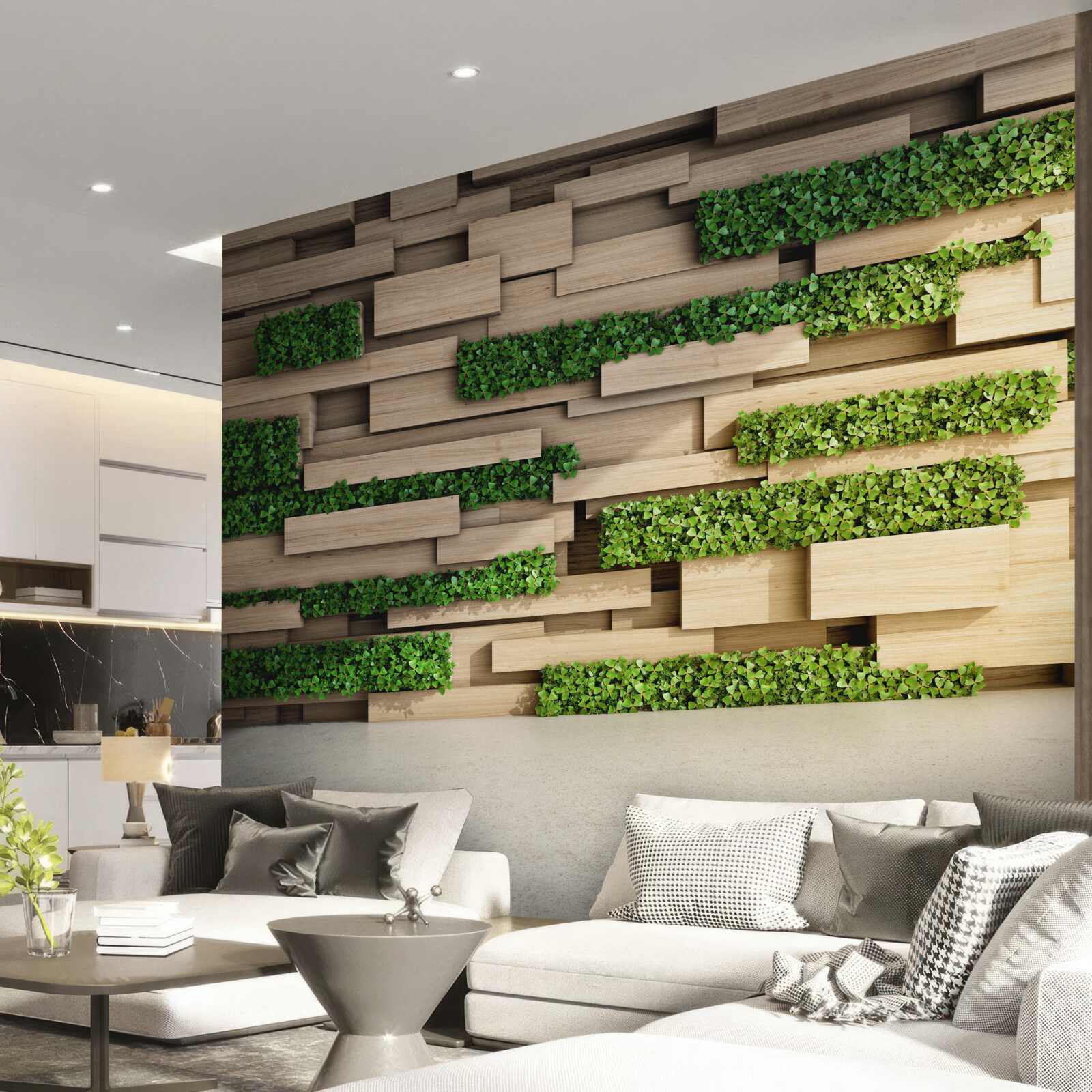 Papier peint mousse verte et mur de pierre