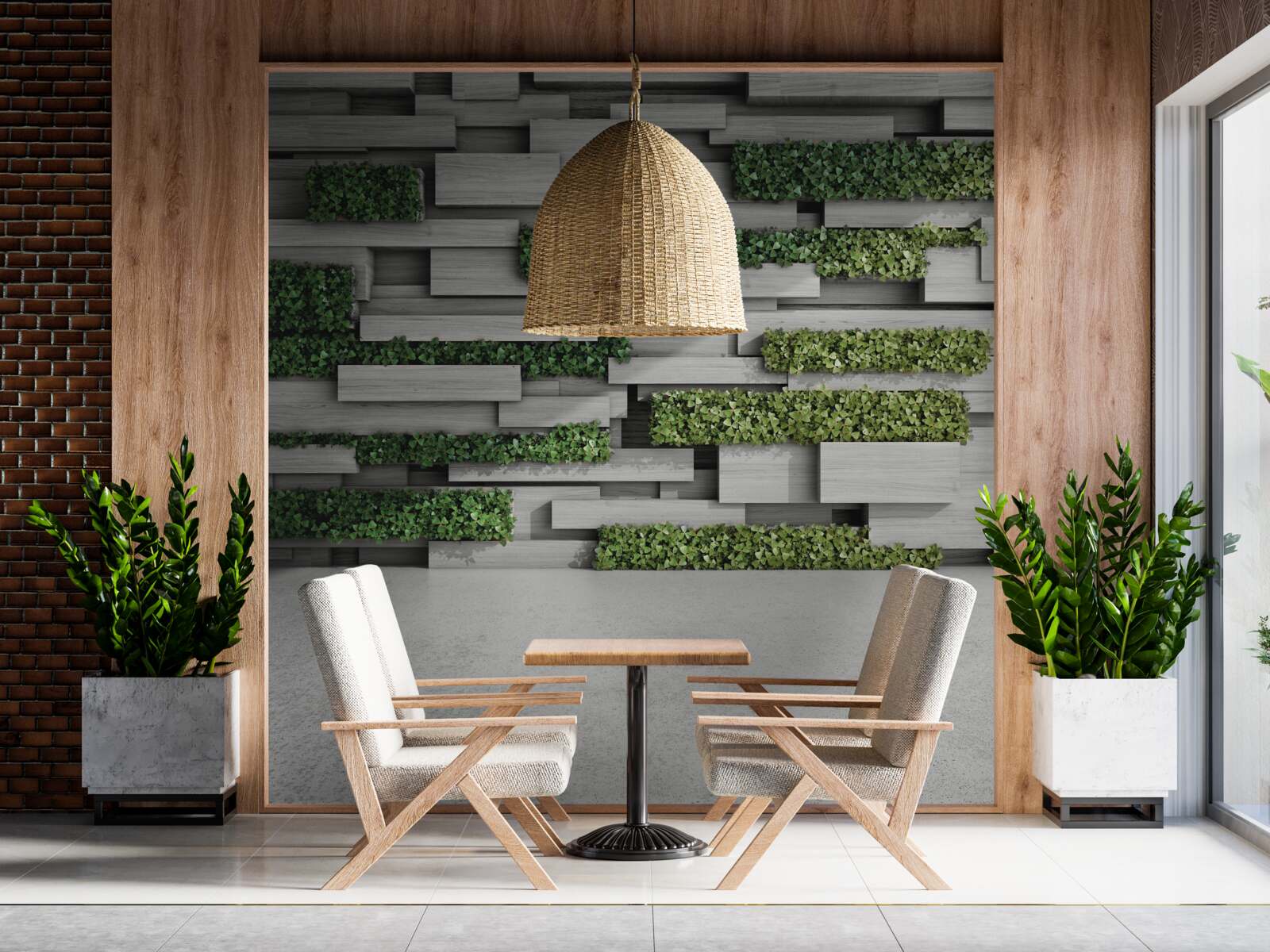 Papier peint mur en pierre décoré de plantes vertes