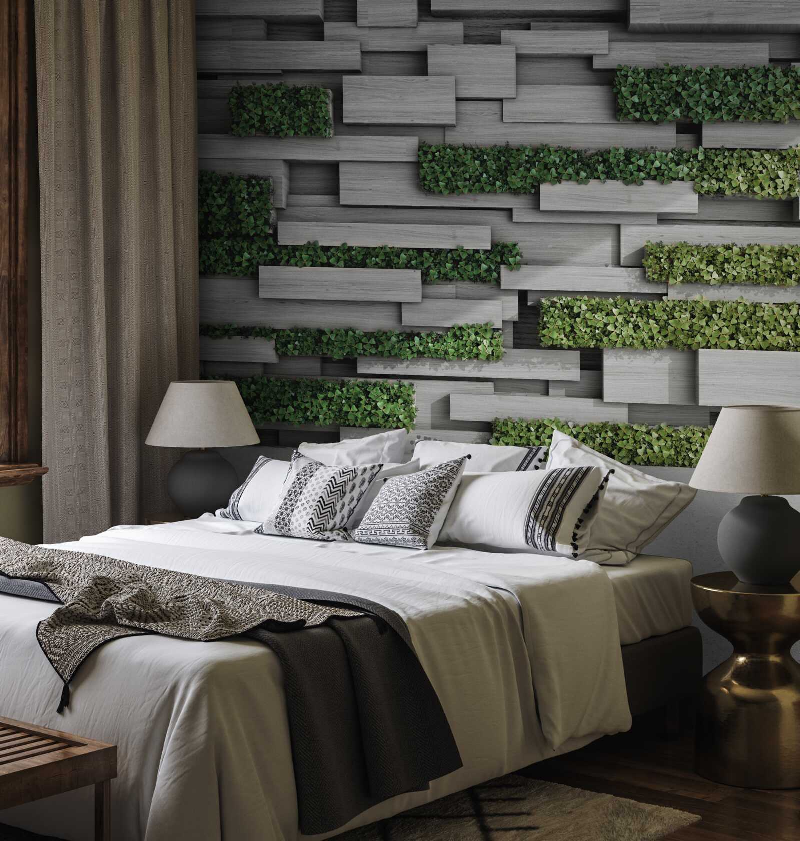 Papier peint mur en pierre décoré de plantes vertes