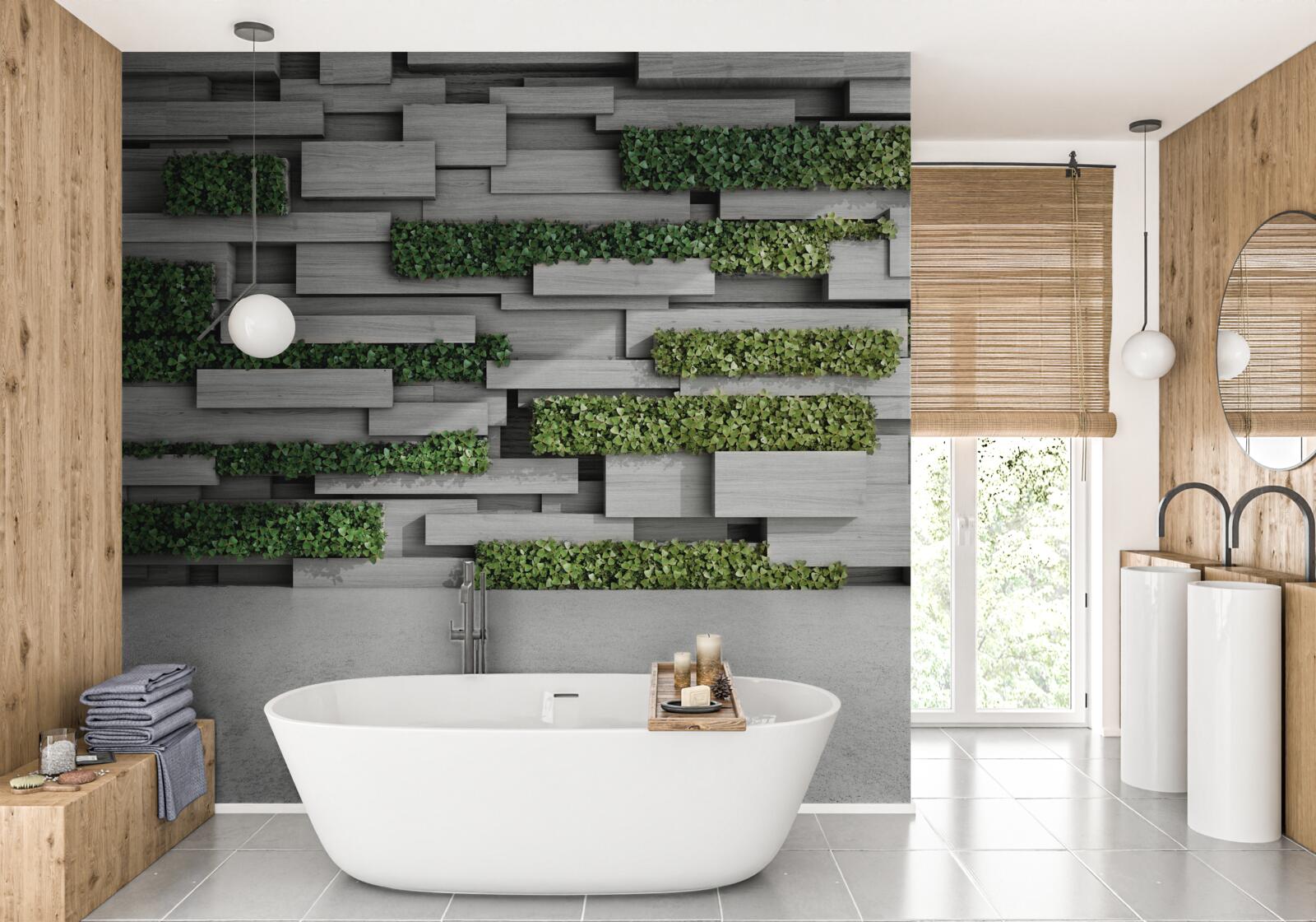 Papier peint mur en pierre décoré de plantes vertes