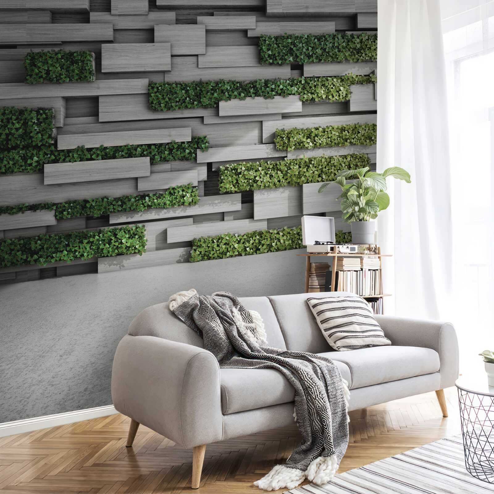 Papier peint mur en pierre décoré de plantes vertes