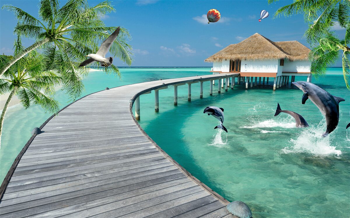 Papier peint pont en bois sur les eaux célestes