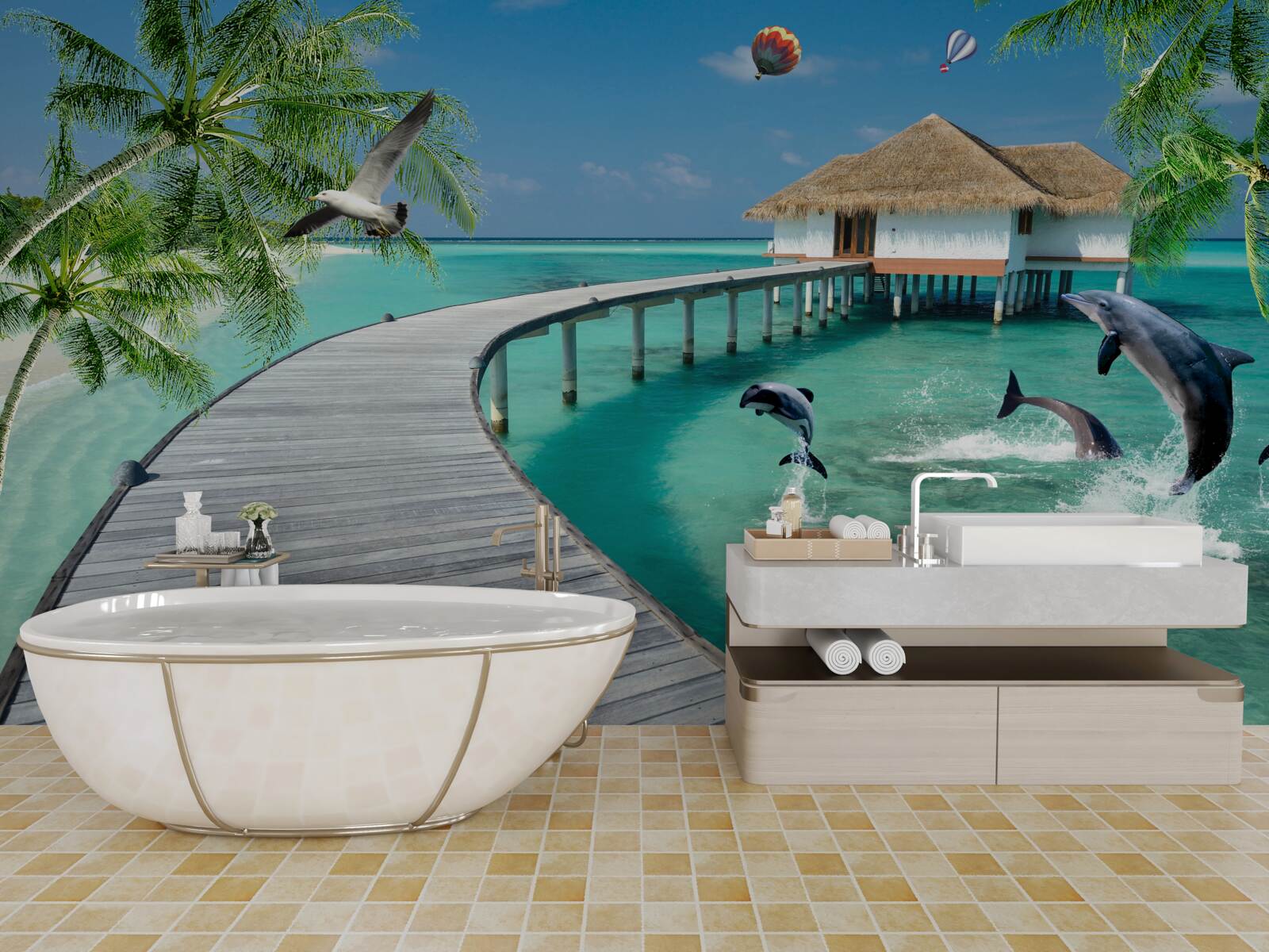 Papier peint pont en bois sur les eaux célestes