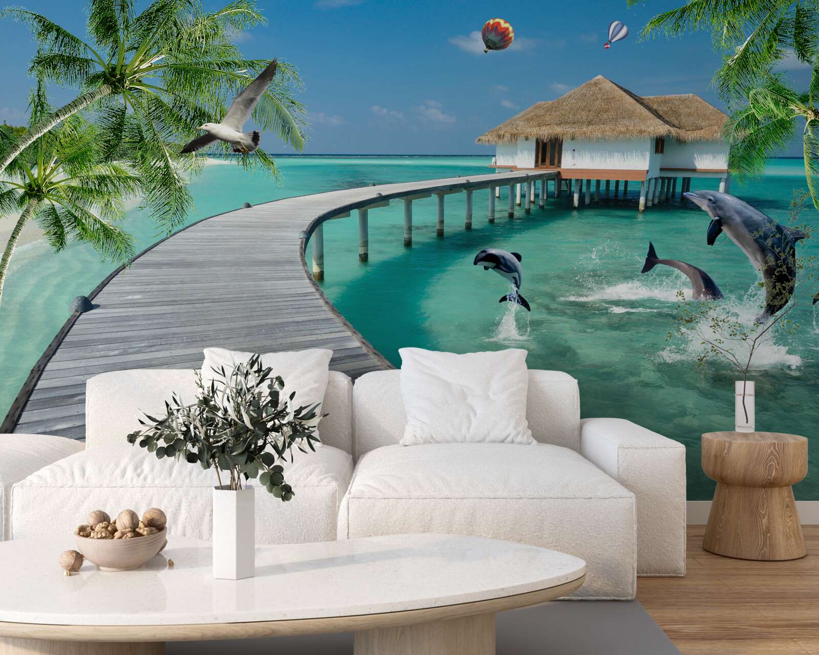 Papier peint pont en bois sur les eaux célestes