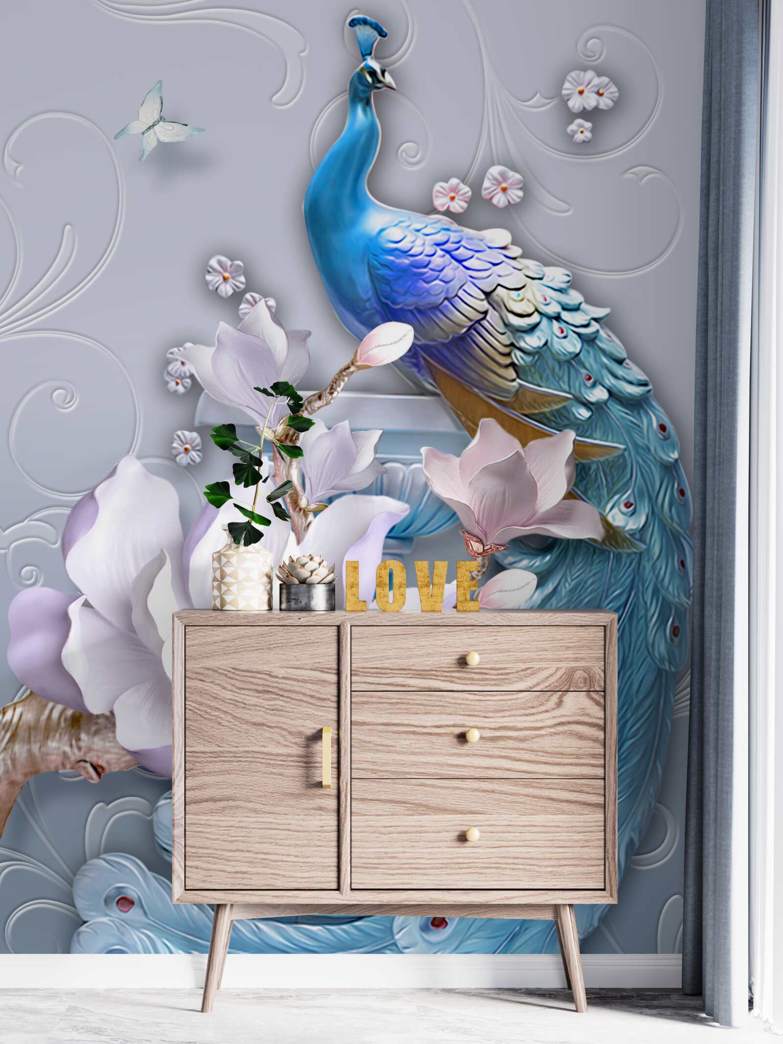 Papier peint un magnifique paon à la queue touffue peint dans des tons vifs