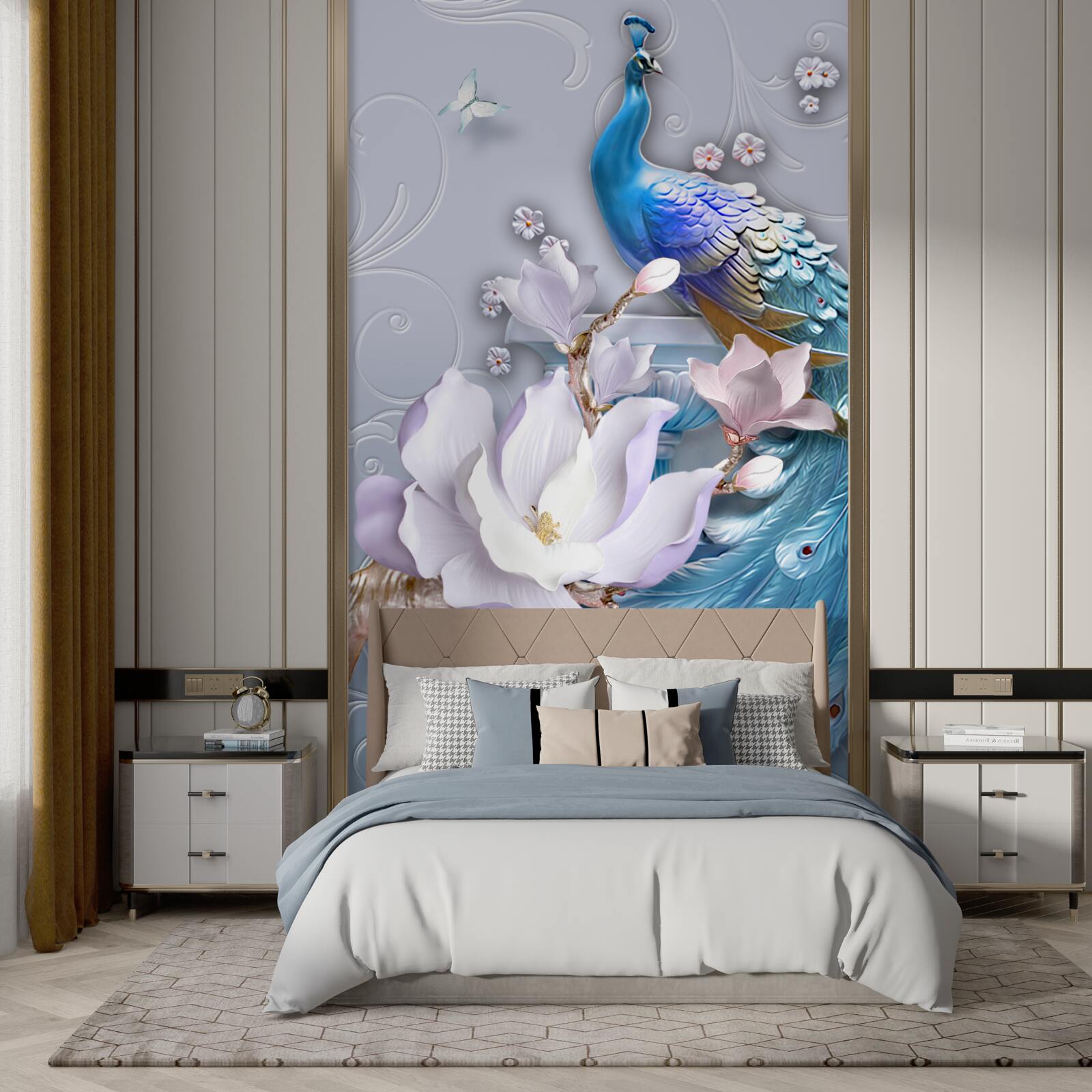 Papier peint un magnifique paon à la queue touffue peint dans des tons vifs