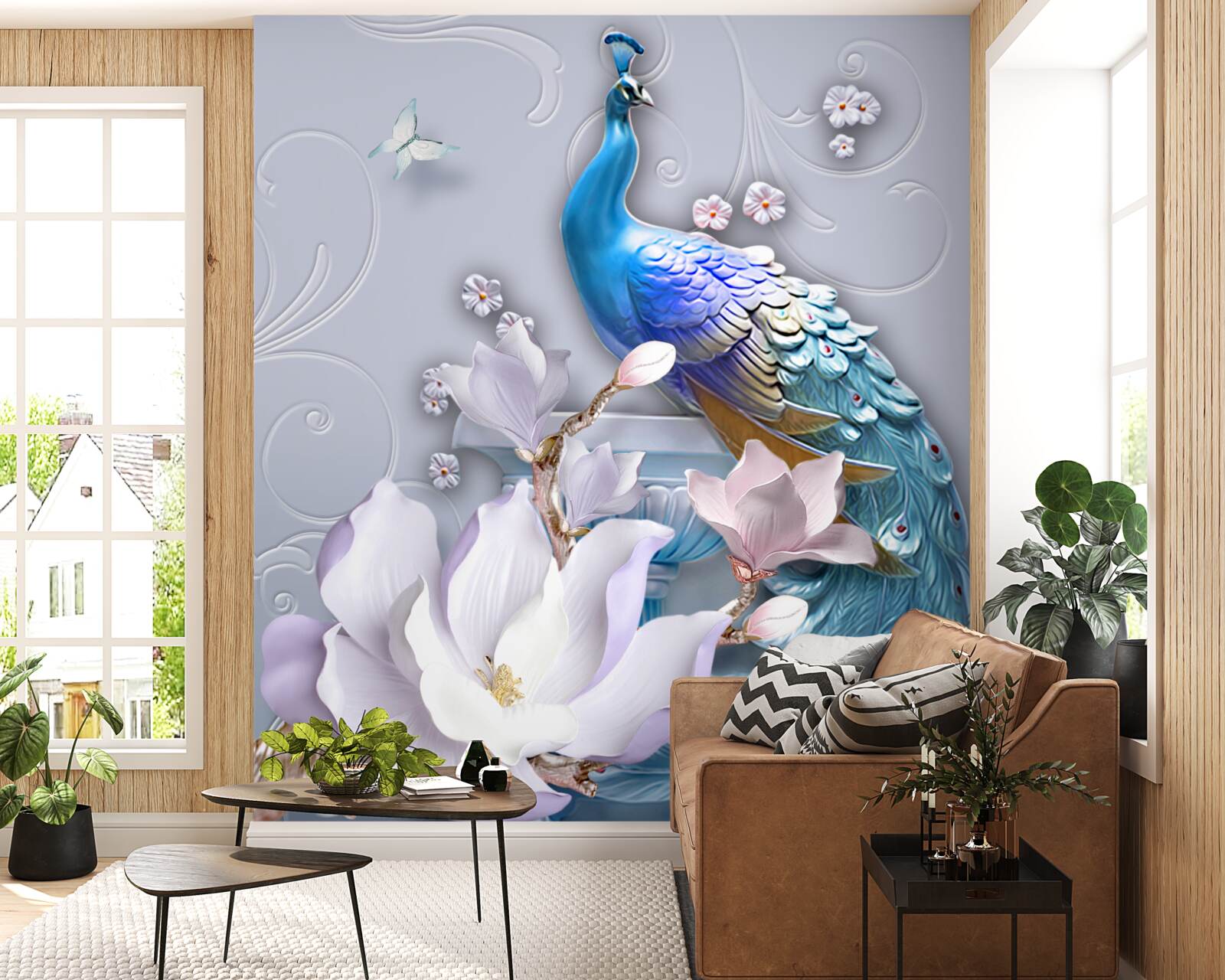 Papier peint un magnifique paon à la queue touffue peint dans des tons vifs