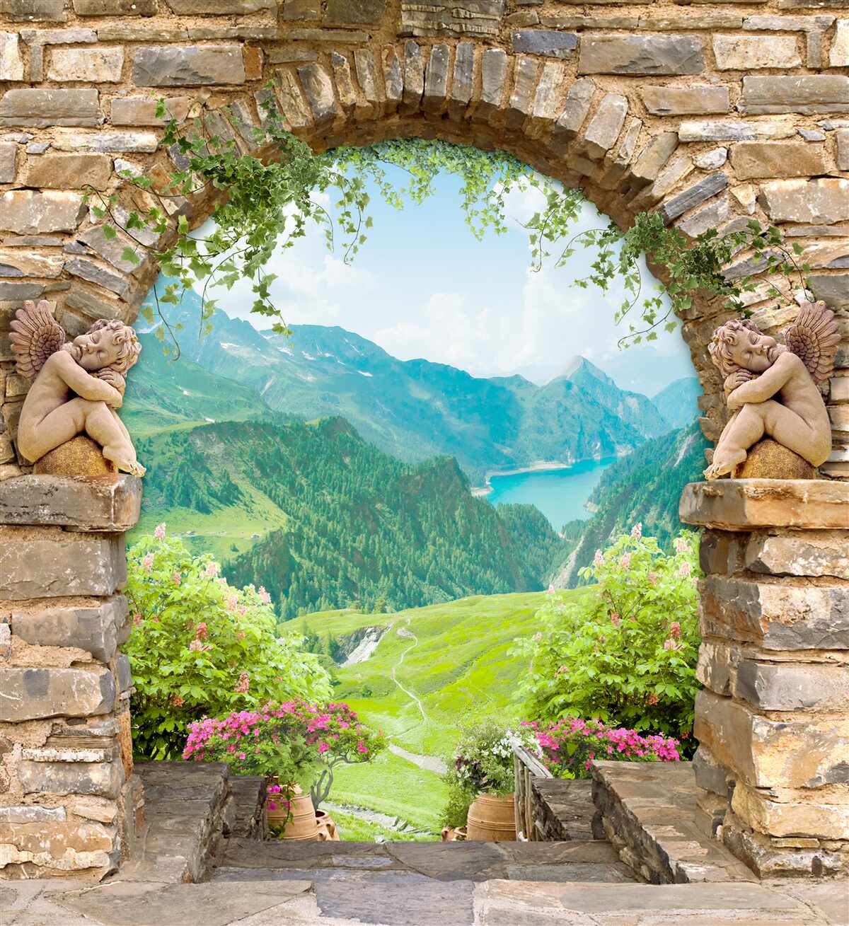 Papier peint Vieille arche de pierre avec image d'anges et panorama de montagnes
