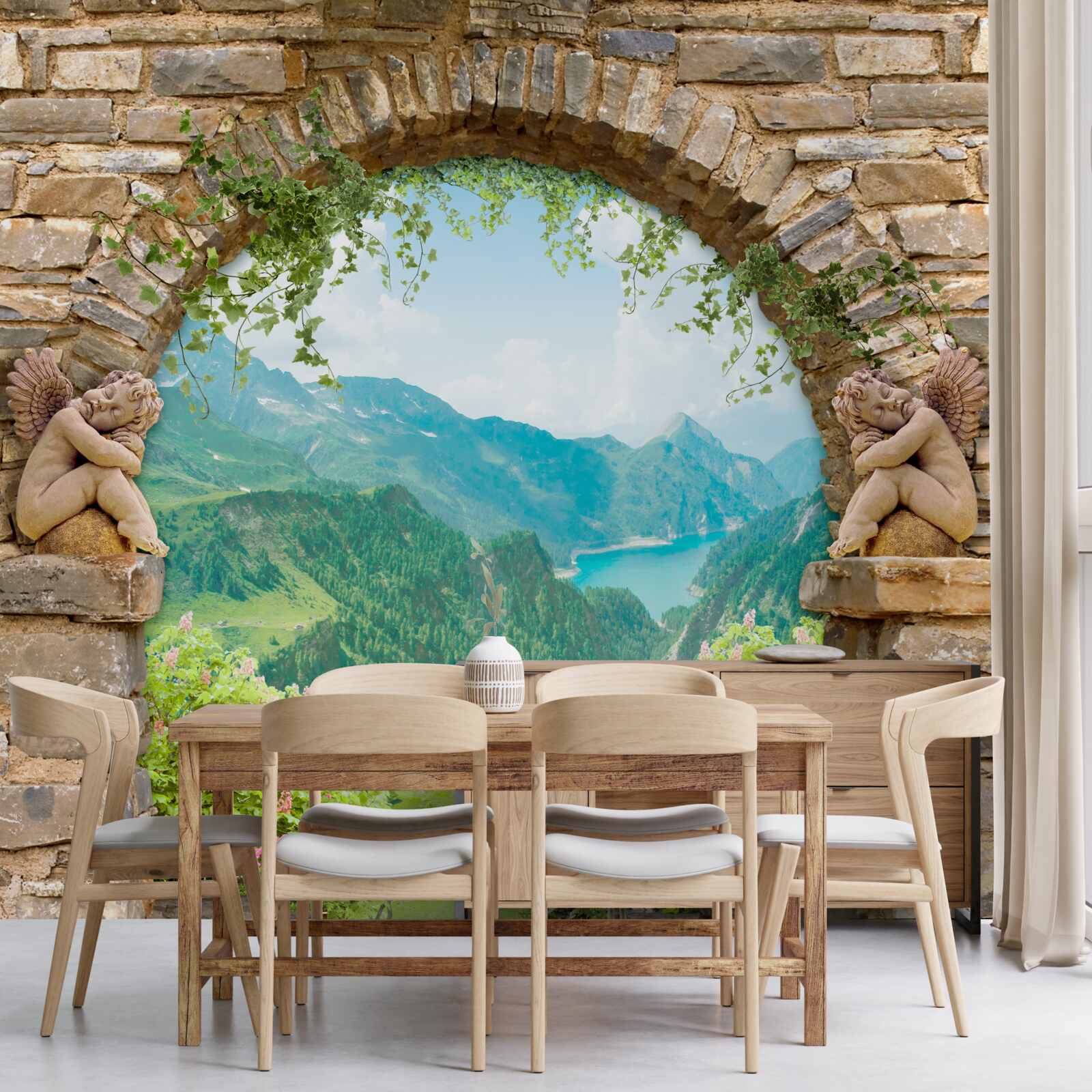 Papier peint Vieille arche de pierre avec image d'anges et panorama de montagnes