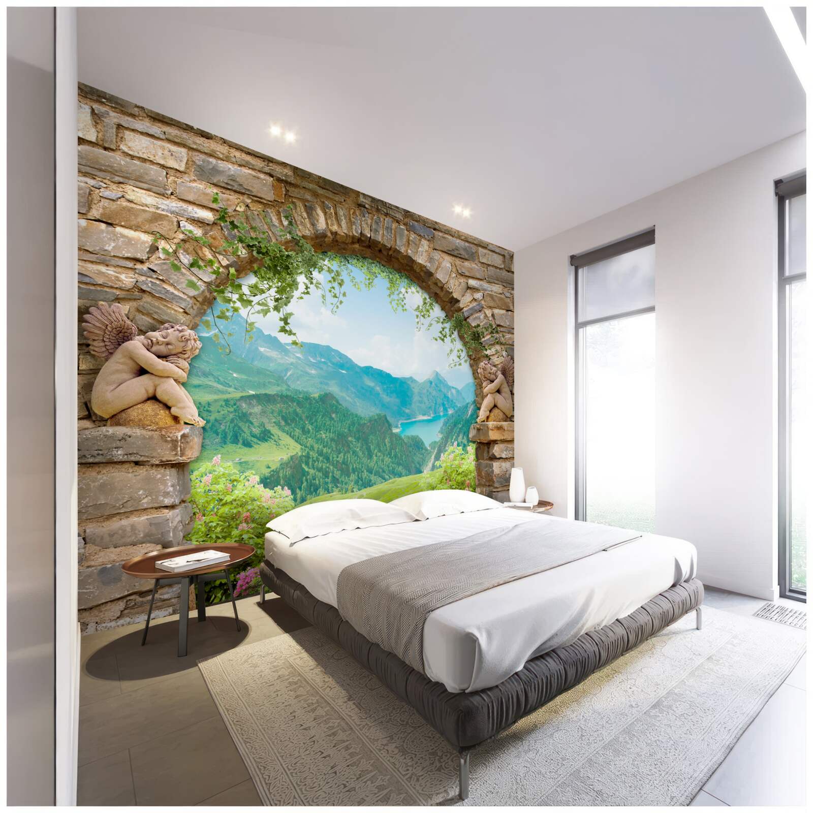 Papier peint Vieille arche de pierre avec image d'anges et panorama de montagnes