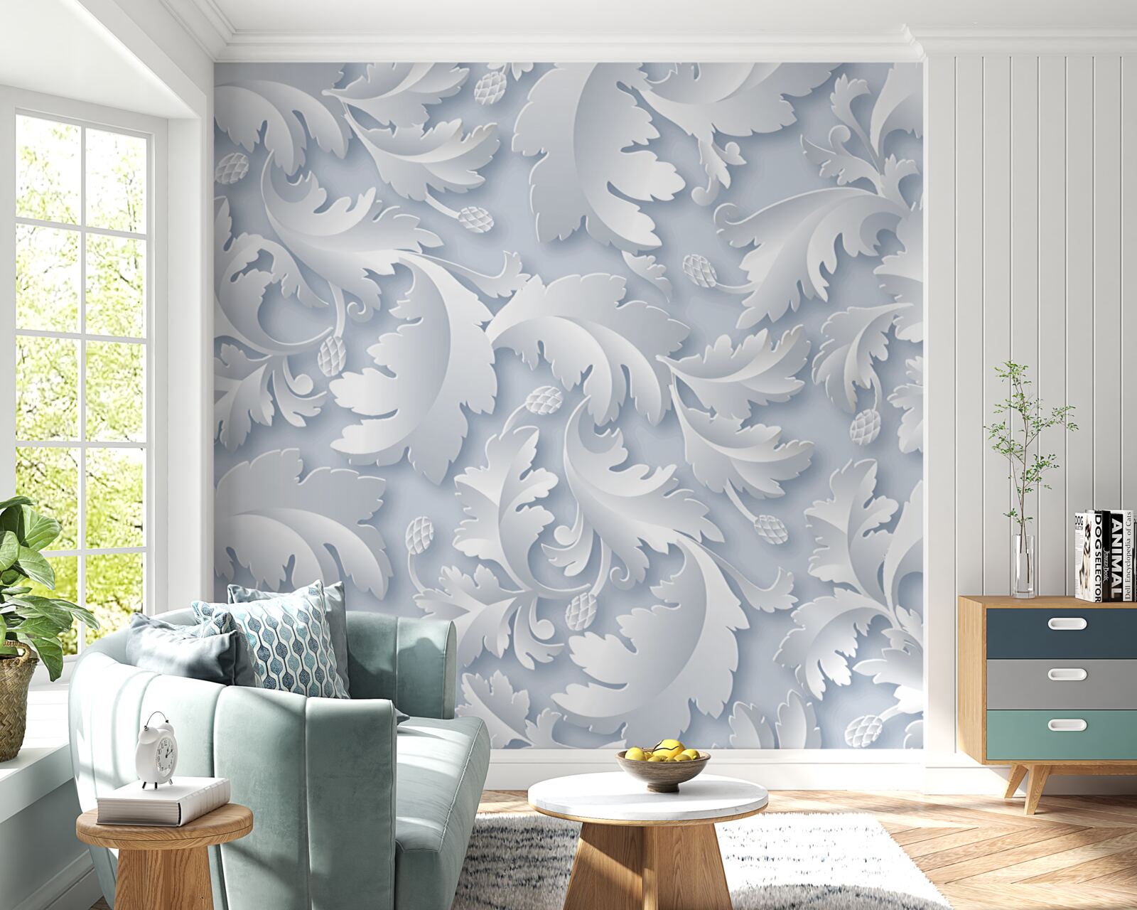 Papier peint abstrait avec des feuilles blanches et argentées