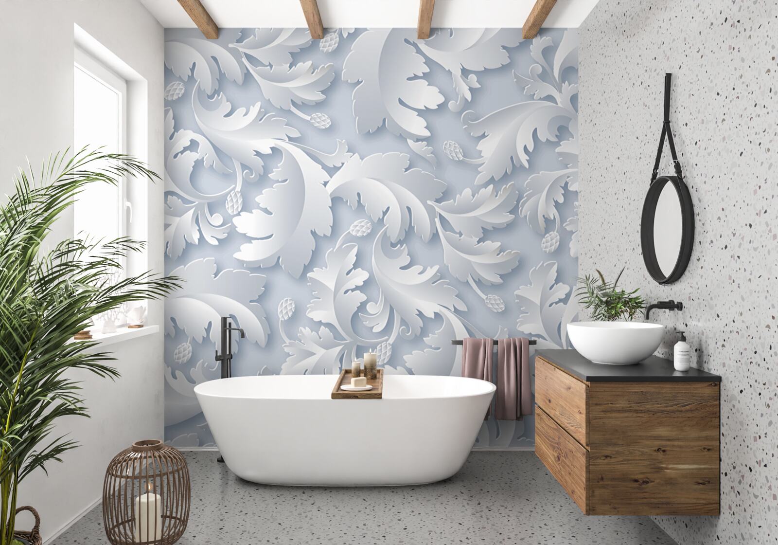 Papier peint abstrait avec des feuilles blanches et argentées