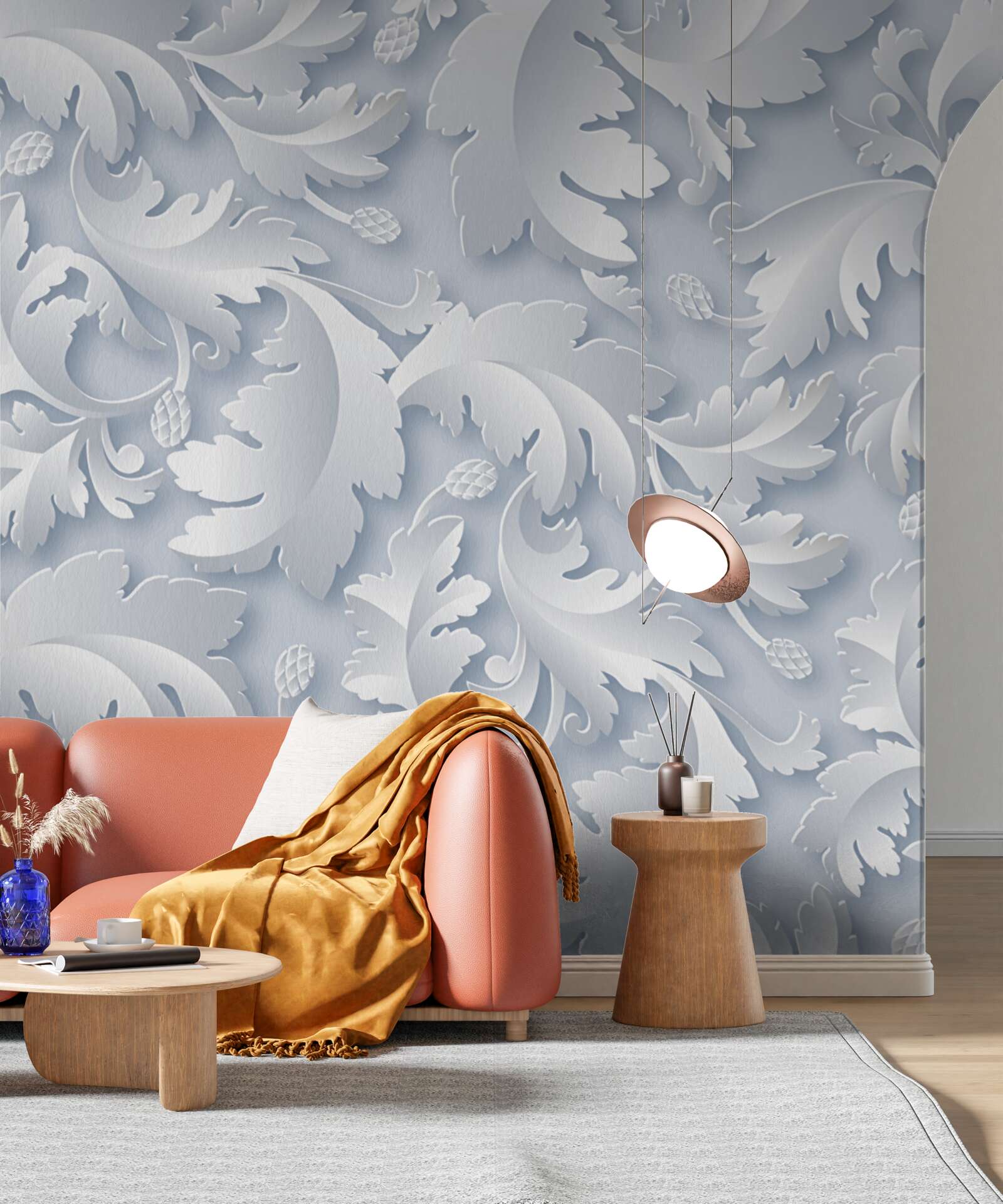 Papier peint abstrait avec des feuilles blanches et argentées