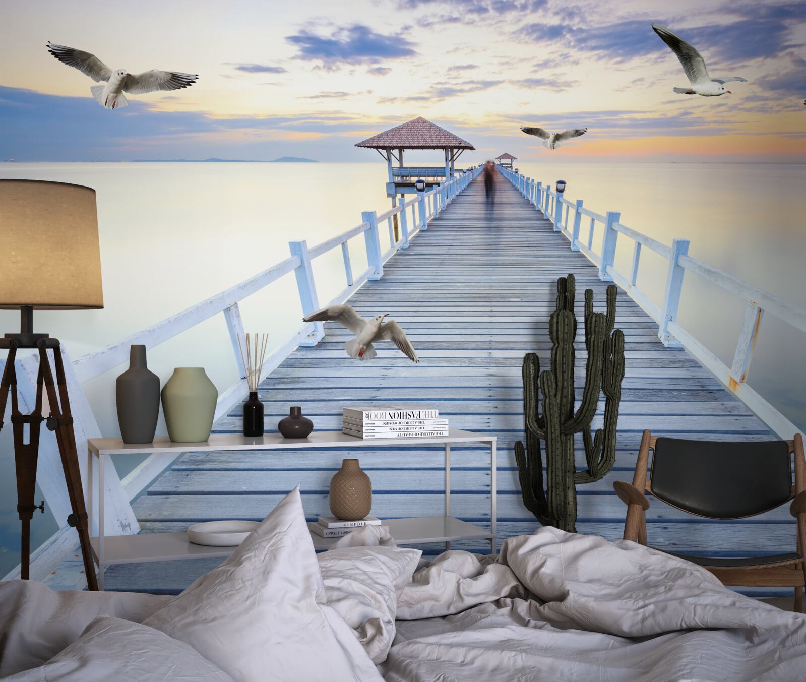 Papier peint jetée en bois et mouettes qui passent