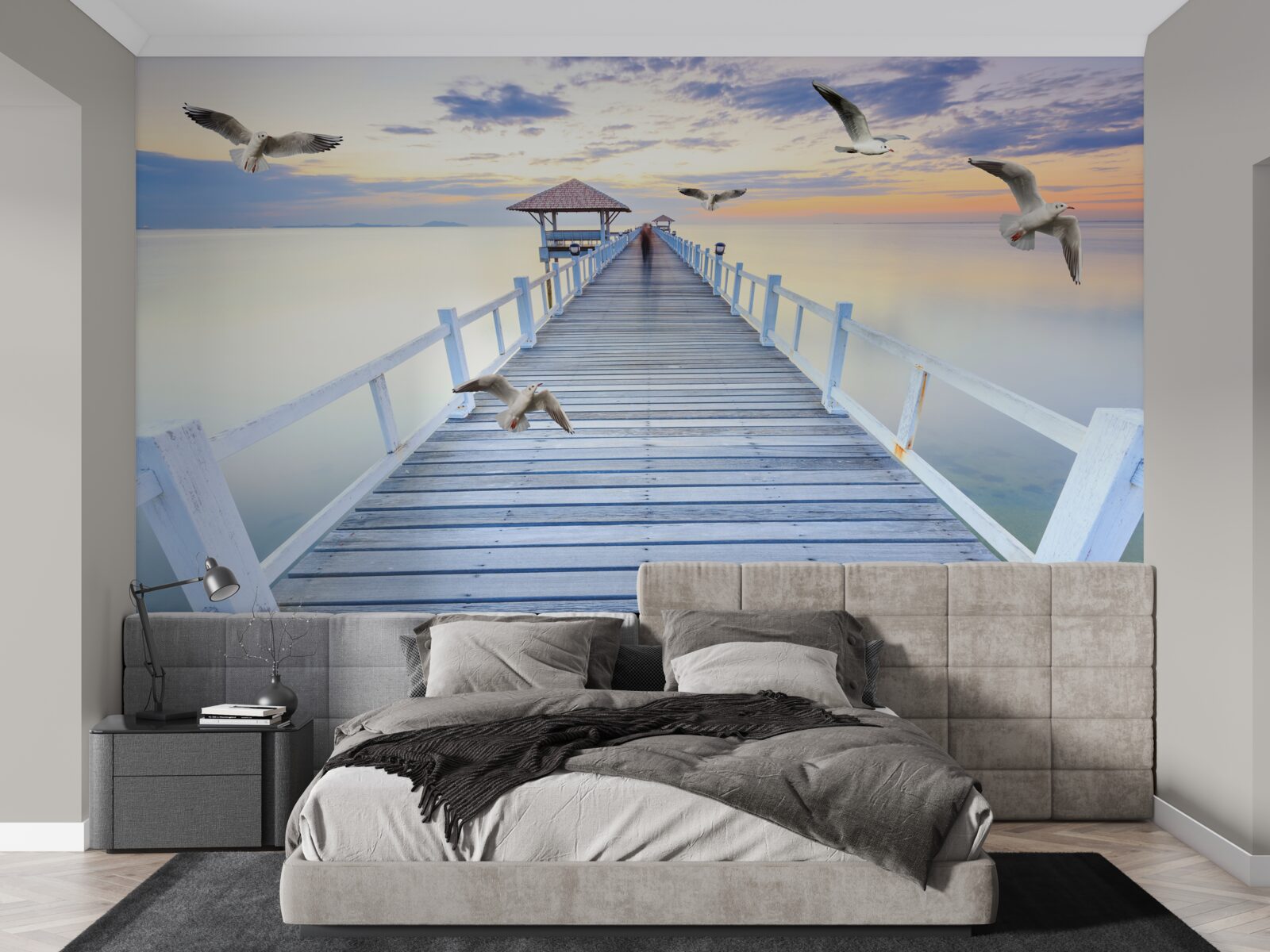 Papier peint jetée en bois et mouettes qui passent