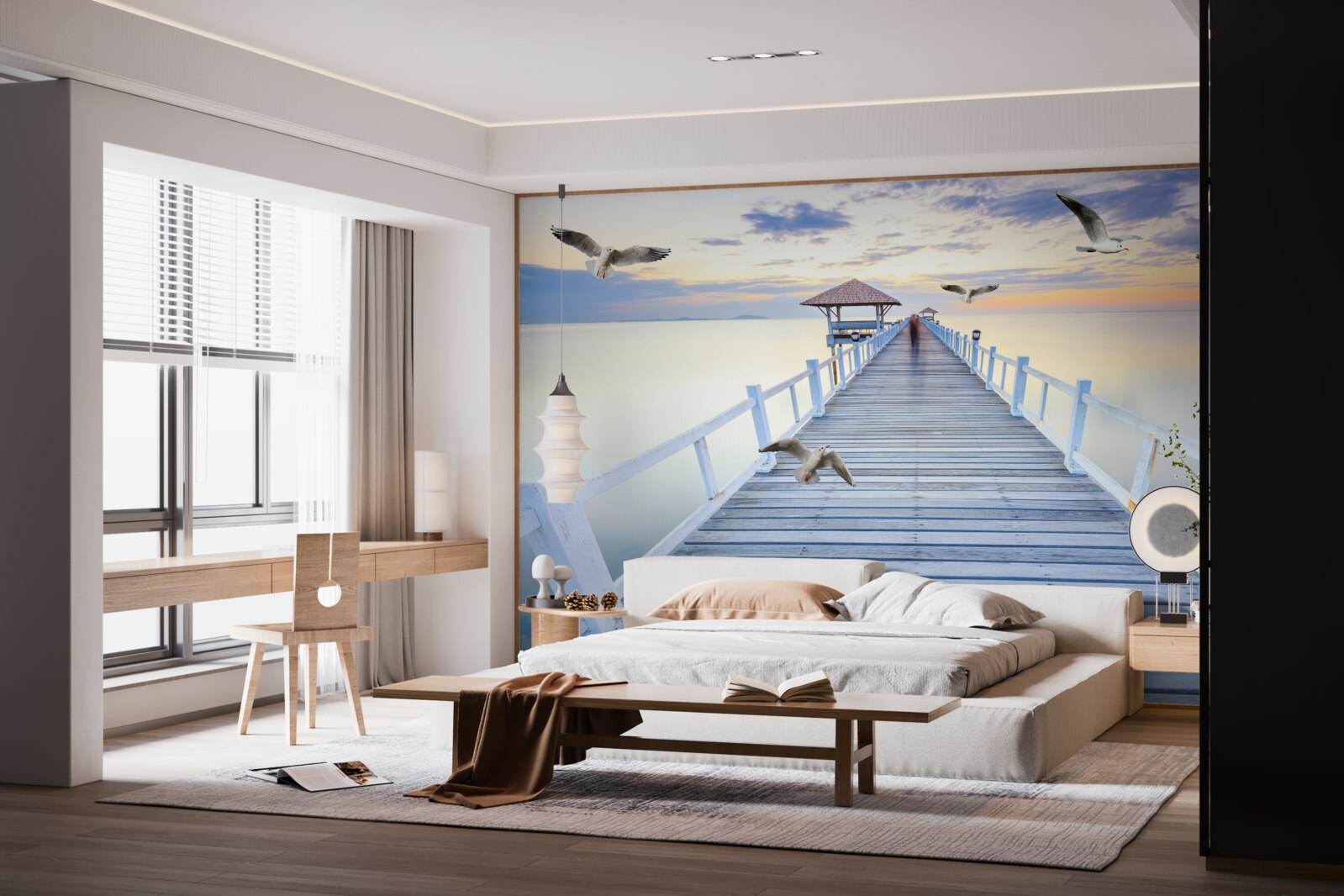 Papier peint jetée en bois et mouettes qui passent